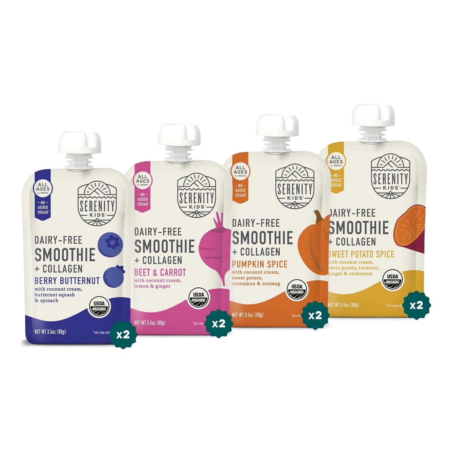 Serenity Kids 6+ Months Dairy-Free Smoothie Baby Food - USDA Organic Grass-Fed Collagen Protein - 3.5 Oz BPA-Free Pouches - Variety Pack (8 Count) - Baby Smoothie Pouch Set