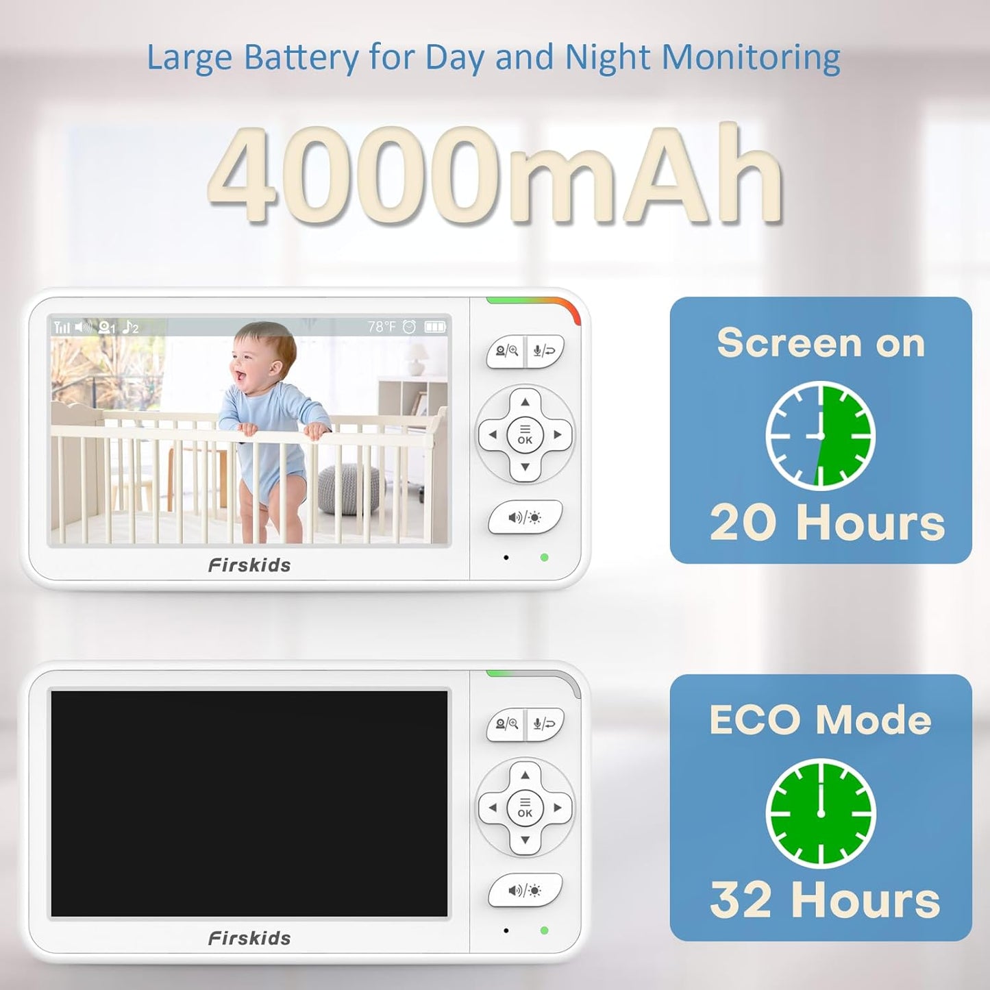 Baby Monitor, 5” Video Baby Monitor with Camera and Audio, 32-Hour Battery, Non WiFi, 2 Way Talk, Temp Sensor, Auto Night Vision, Pan Tilt Zoom Camera, Suitable for Monitor Baby and Elderly