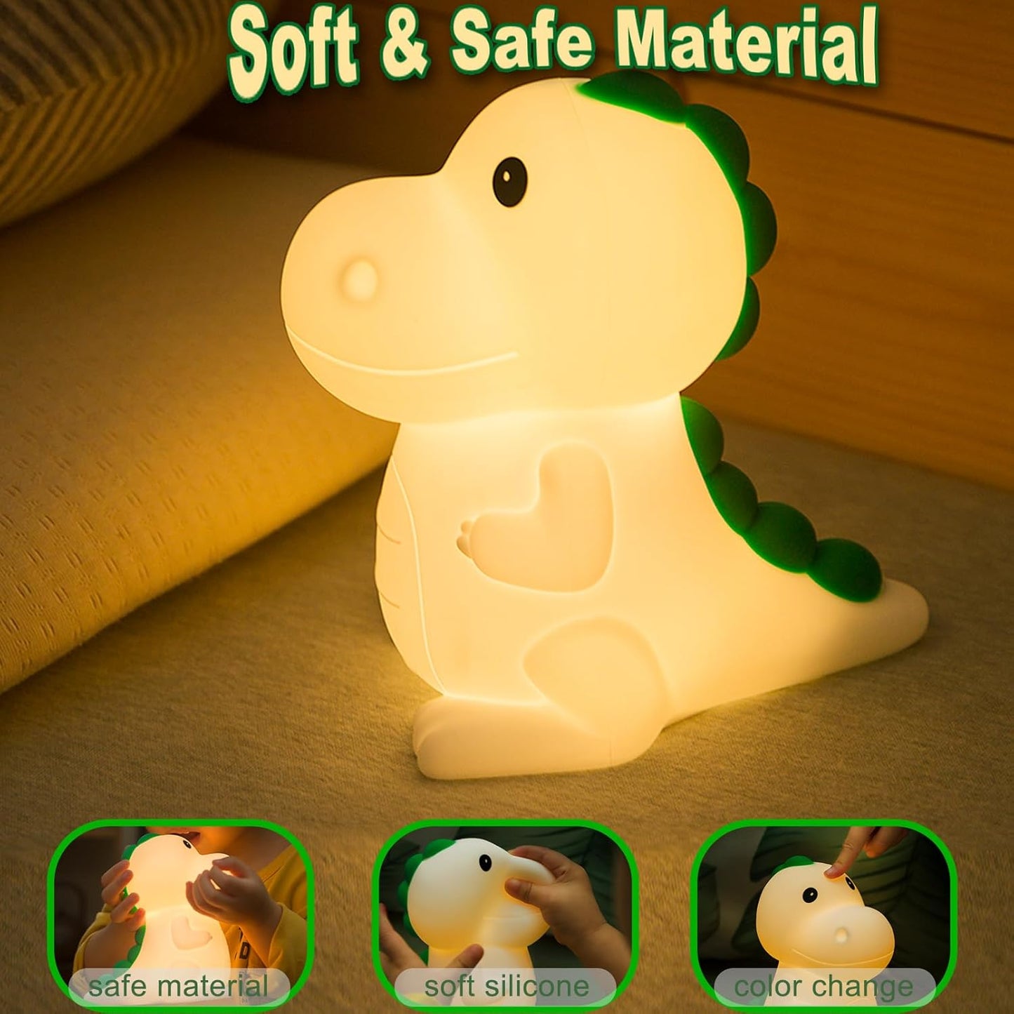 Night Light for Kids, Dinosaur Nightlight Kids Lamps for Bedrooms Boys, Cute Lights Dinosaur Gifts, Squishy Animal Lamp Rechargeable Baby Dino Night Light Silicone