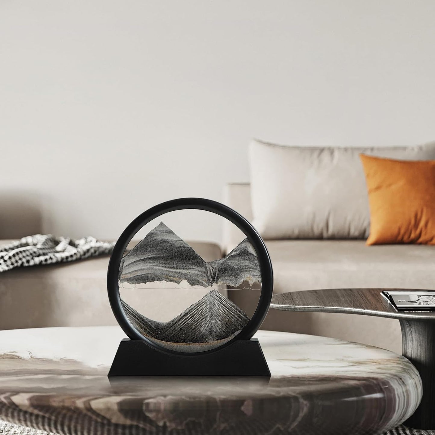 KPNUWN Moving Sand Art Liquid Motion, 3D Deep Sea Sandscape Color Quicksand Decor, Round Glass Moving Sand Art Picture Relaxing Desktop Home Office Work Decor (7 inch-Black)