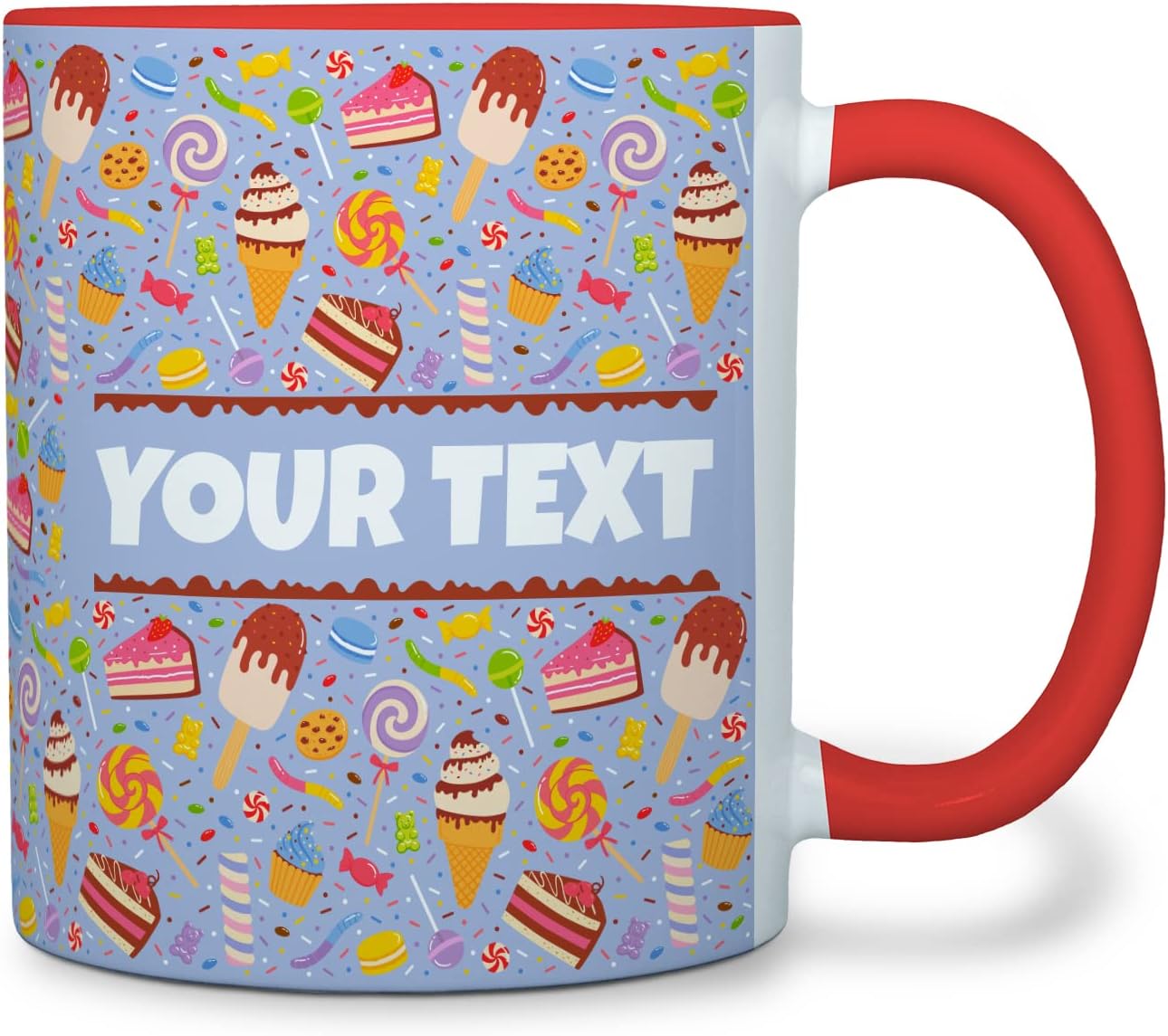 Personalized Mug for Kids - Sweets - Custom Name/Text, Ceramic Hot Chocolate/Cocoa/Coffee Cup for Boys/Girls, Birthday/Christmas/Holiday Gift - 11 oz, Red Handle