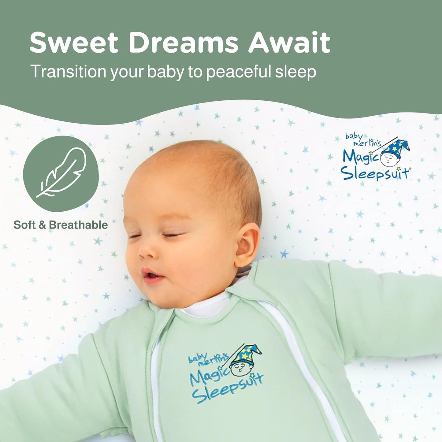Magic Sleepsuit Baby Merlin's Cotton Baby Swaddle Transition Product - Soft and Cozy Design, Double Zipper for Easy Diaper Changes, Promotes Safe Sleep, 3-6 Months - Sage Green - Small 12-18lbs