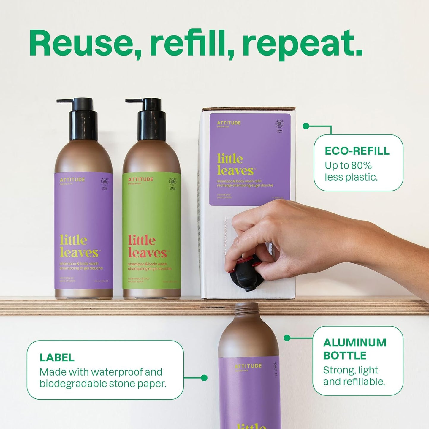 ATTITUDE Shampoo and Body Wash for Kids, EWG Verified Hair and Body Cleanser, Dermatologically Tested Soap, Plant and Mineral Based Bath, Vegan, Refillable Bottle, Watermelon and Coco, 16 Fl Oz