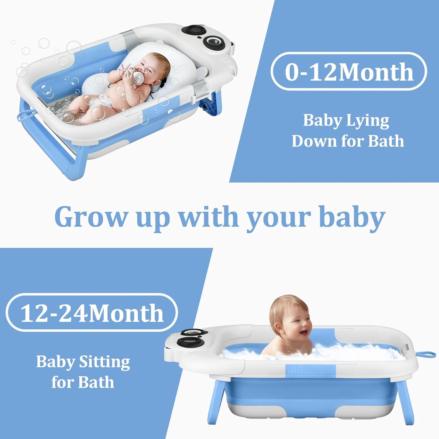 Foldable Baby Bathtub, Lightweight Bathtub for Infants to Toddlers with Soft Cushion & Thermometer, Portable Baby Tub Newborn to Toddler 0-36 Months(Blue)