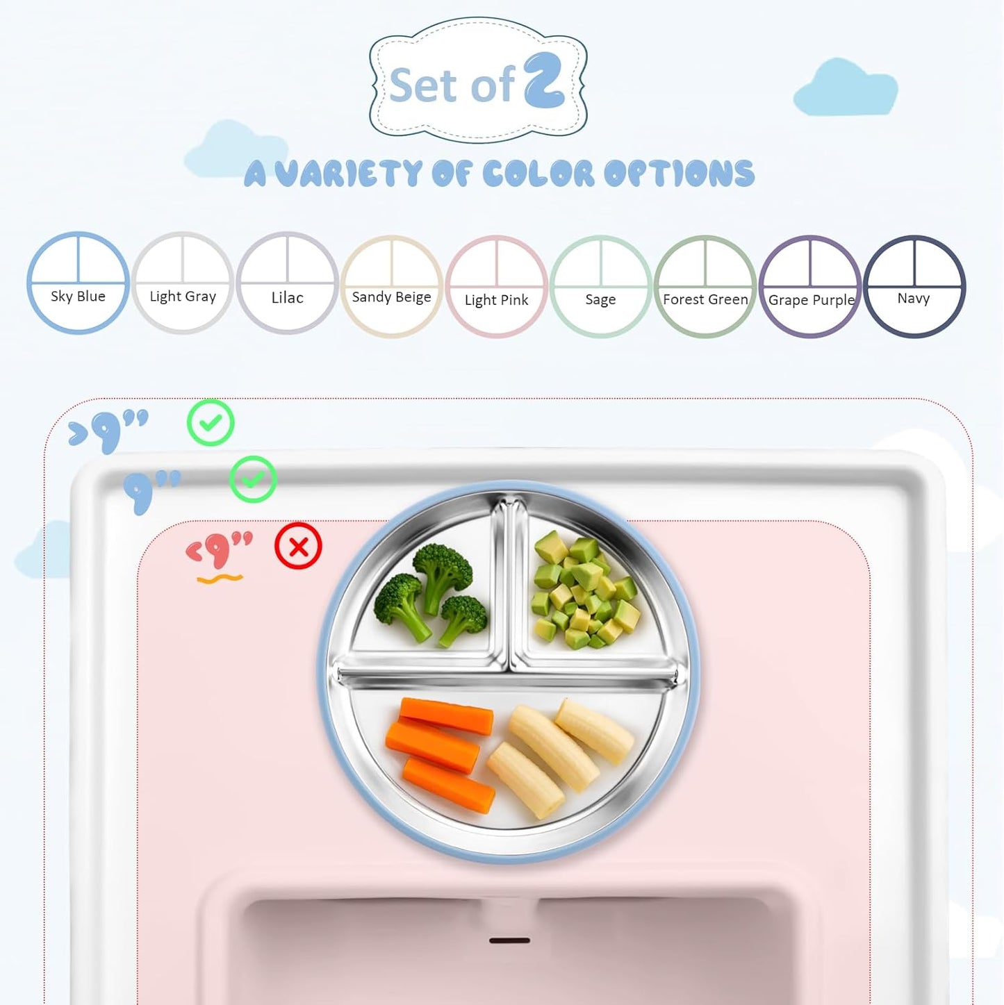 Stainless Steel Toddler Plate with Suction, 9” Divided Plates with Removable Silicone Sleeves for Kids, Non Toxic & BPA Free | Non Slip | Unbreakable Baby Snack Dishes Set of 2, Blue & Sage