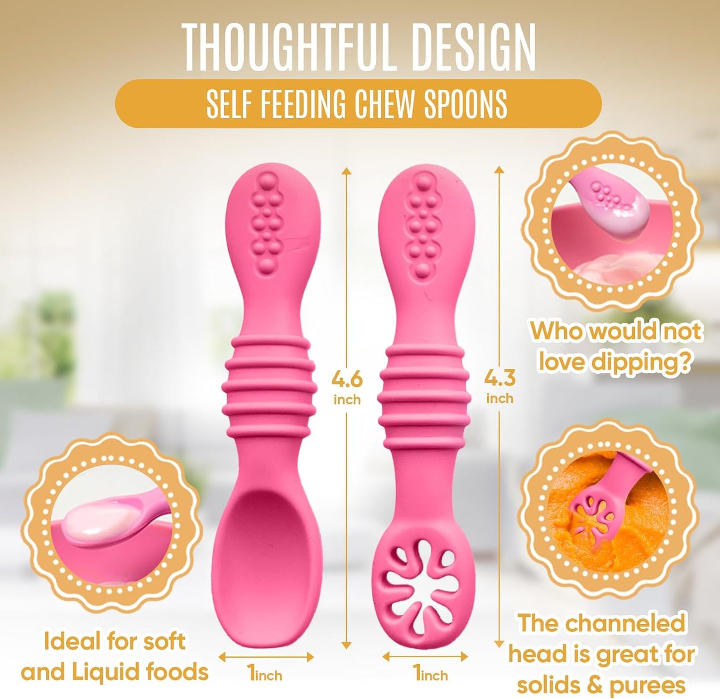 4pc Silicone Baby Spoons Self Feeding Baby Utensils 6-12 Months - 3 Baby Spoon - 1 Baby Fork - Toddler Cutlery Set - BPA Free, Dishwasher Safe - Baby Eating Essentials (Pink/Blue)