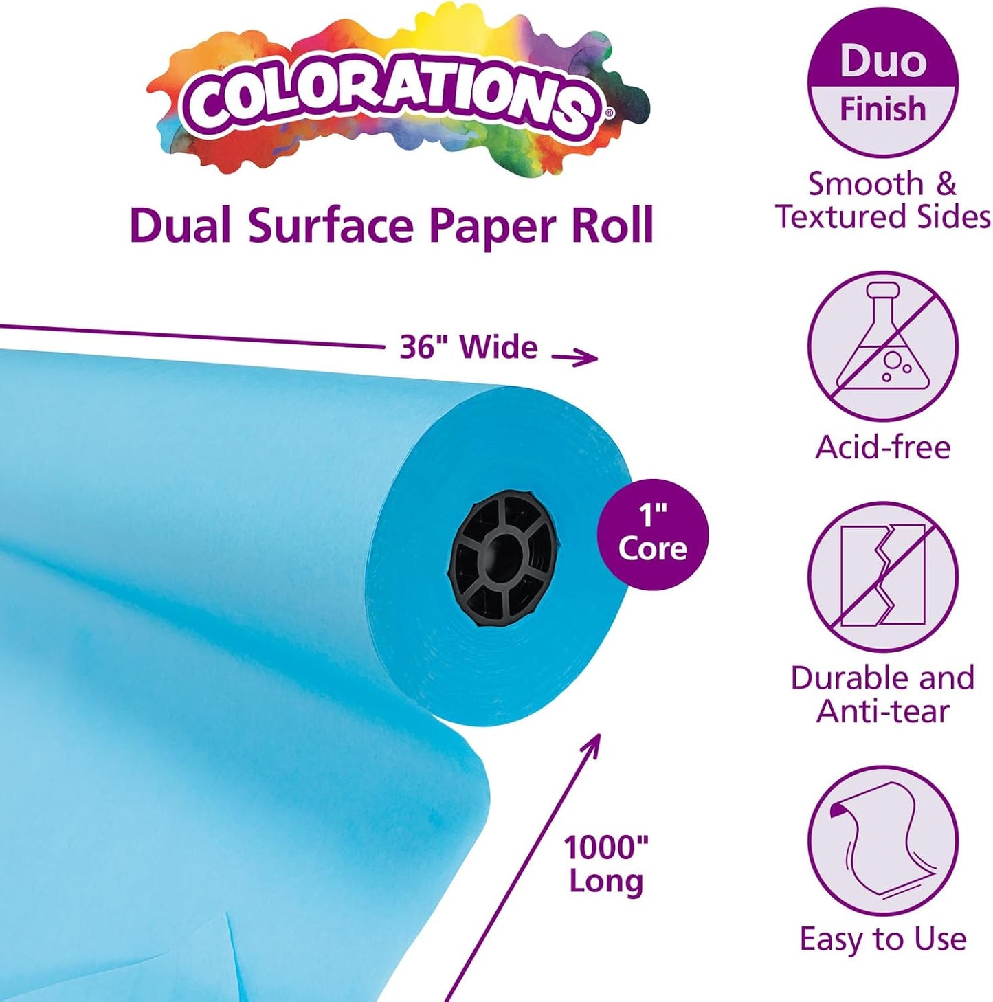 Colorations Arts and Crafts Paper Roll - 36" x 1000', Sky Blue, Dual Surface, Markers, Finger Paints, Painting, Watercolors, Acrylic Paints, Wall Art, Bulletin Board Paper, Kids Crafts (Item # DSSB)