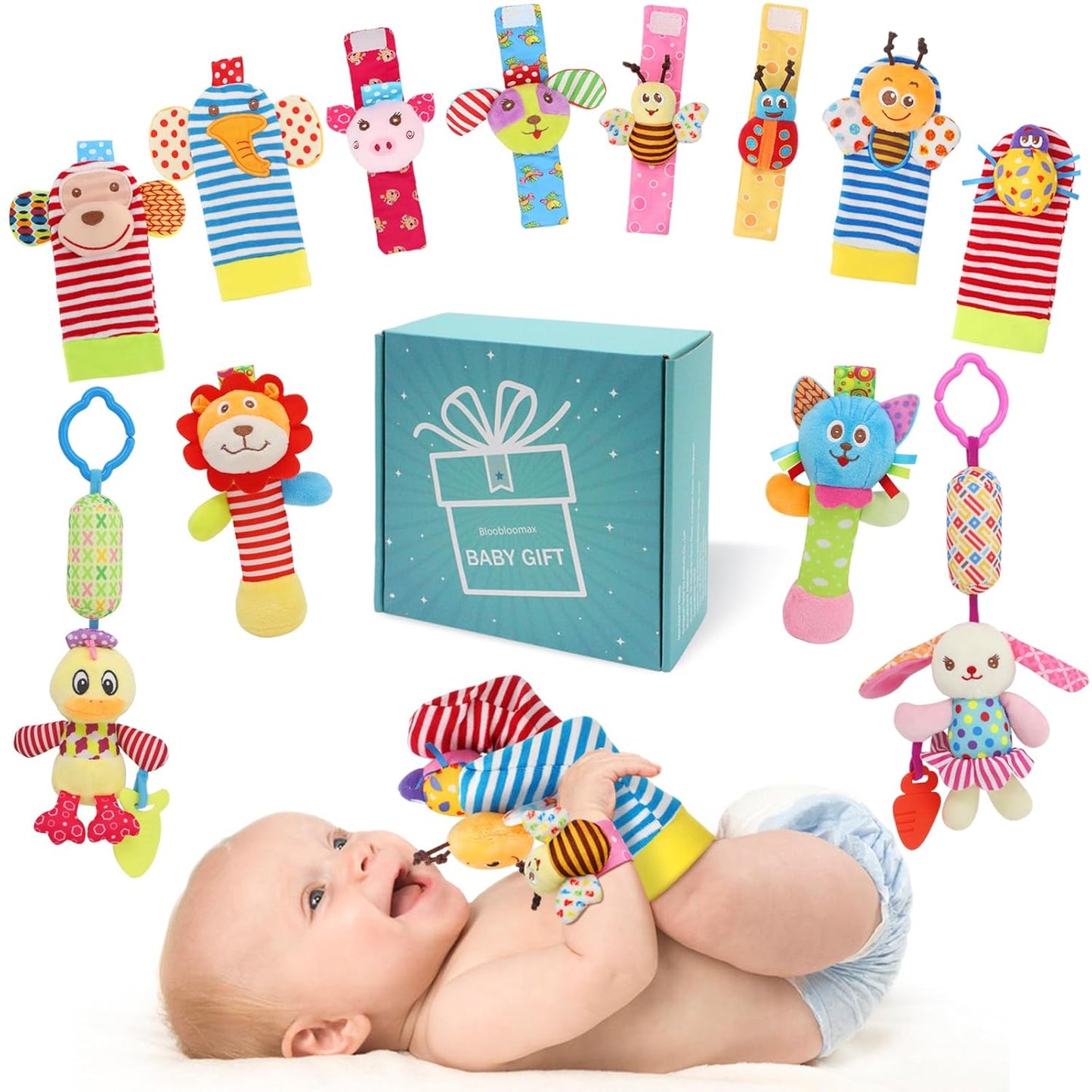 Baby Rattles & Socks - Wrist & Ankle Rattle Toys, Hanging Rattle, Activity Gift for Infants (12 B)