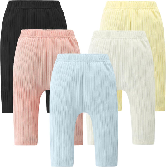 Baby and Toddler Girl's 5 Pack Cotton Ribbed Pull On Pants Leggings 0-4 Years