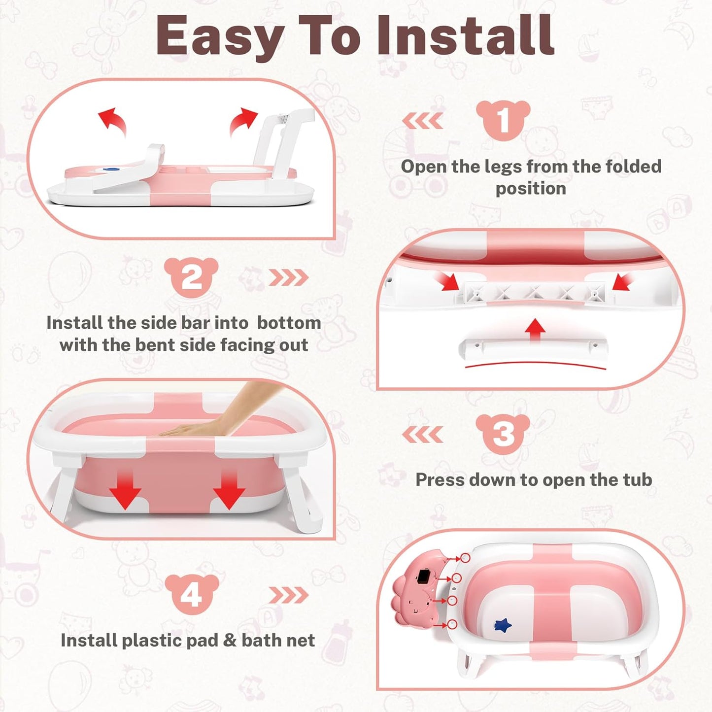 AVIDOR Baby Bathtub,Collapsible Bathtub for Newborn to Toddler,Durable Essential Infant Bath Tub,Portable Travel Baby Tub with Soft Bath Net,No-Slip Feet and Dinosaur Shaped (Pink)