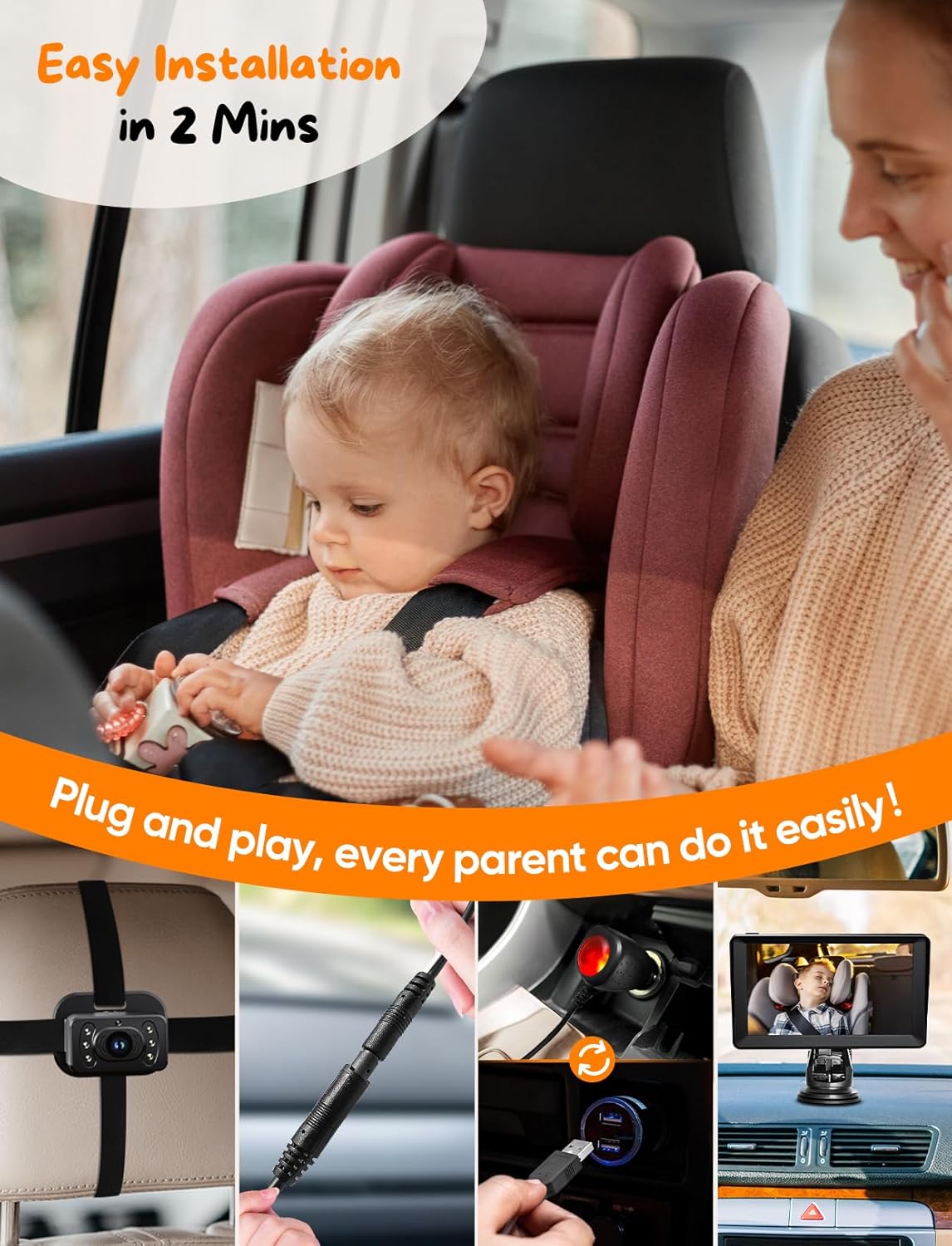 Kidsneed Baby Car Camera 7-Inch Baby Monitor for Car with USB Plug and Play Easy Setup 360 Degree Rotating Backseat Camera Two Kids HD 1080P Rear Facing Seat Cameras