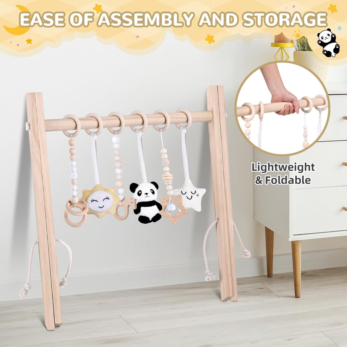 Wooden Baby Play Gym with Mat,Foldable Activity Gym for Newborns 0-12 Months,6 Hanging Sensory Toys for Infant Development,Montessori Toys for Baby Boys & Girls Shower Gift (Elephant)