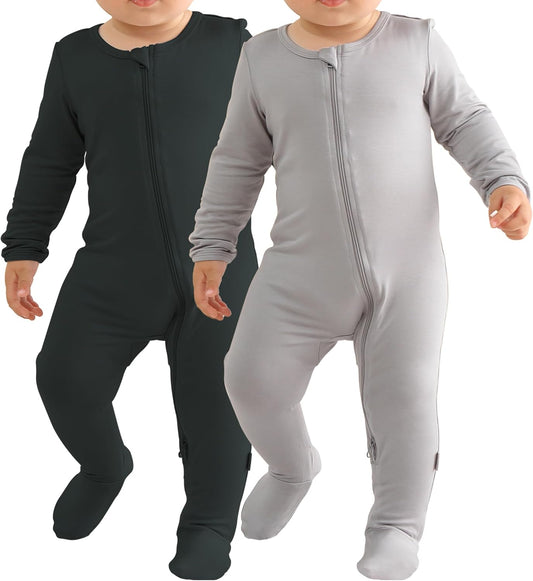 Baby Bamboo Rayon Romper Infant Footies Long Sleeve Double Zipper Outfits 2-Pack One-Piece Jumpsuits