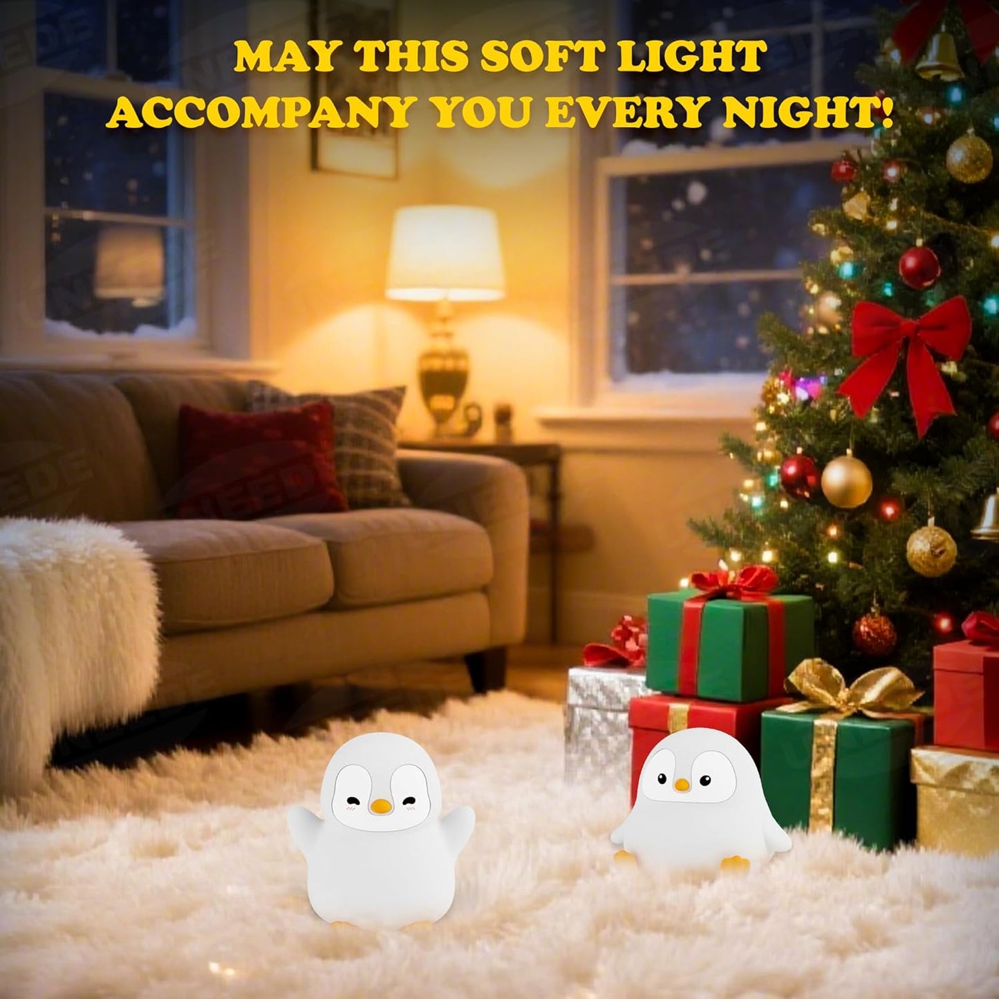 UNEEDE Sitting Penguin Night Light with Removable Floppy Bunny Ears - Silicone Touch Lamp, USB Rechargeable, Dimmable Nursery Light for Kids & Holiday Decor