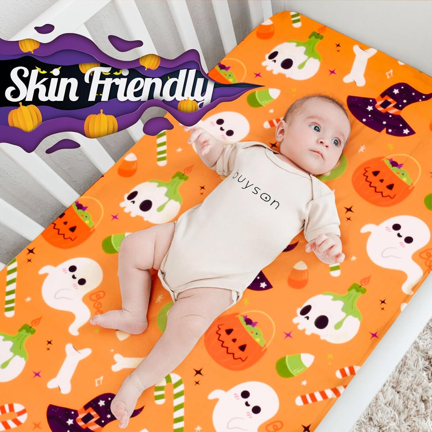 UOMNY Halloween Pumpkin Crib Sheet for Boys Girls Halloween Fitted Crib Sheets for Standard Crib 52 X 28 Inch Toddler Crib Mattresses Sheet, Purple Hat