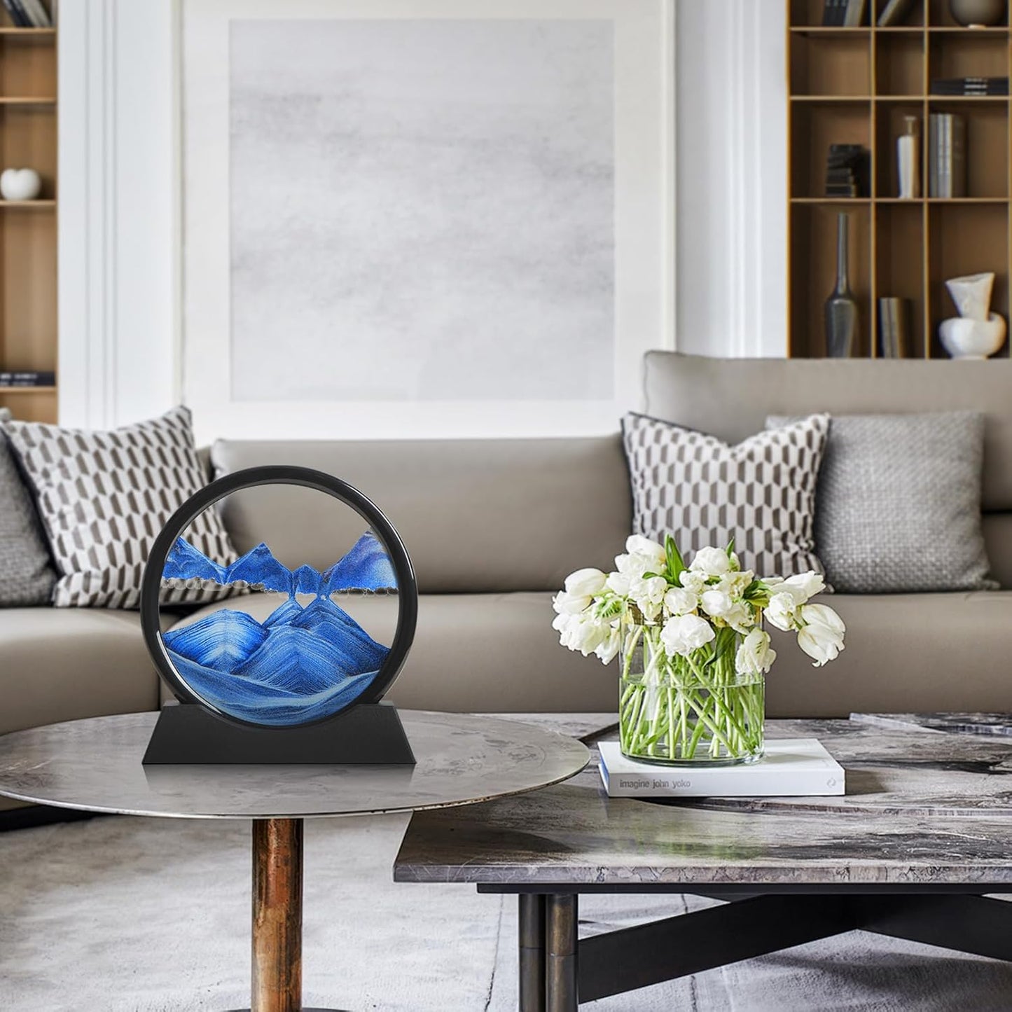 KPNUWN Moving Sand Art Liquid Motion, 3D Deep Sea Sandscape Color Quicksand Decor, Round Glass Moving Sand Art Picture Relaxing Desktop Home Office Work Decor (7 inch-Blue)