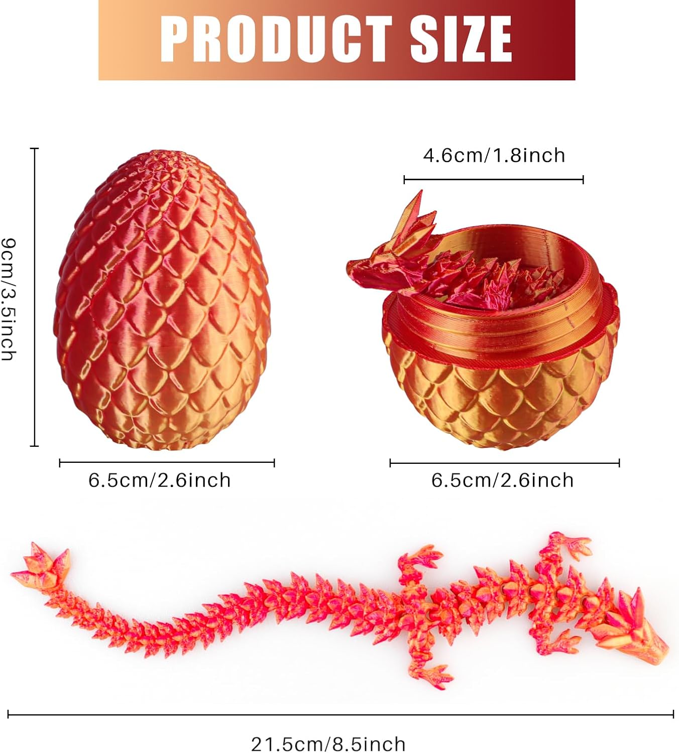 3D Printed Dragon Egg - Dragon Fidget, Crystal Dragon Articulated, Dragon Egg Decor 3D Printed Gift for Birthday for Home/Office Desktop Decor（Red）