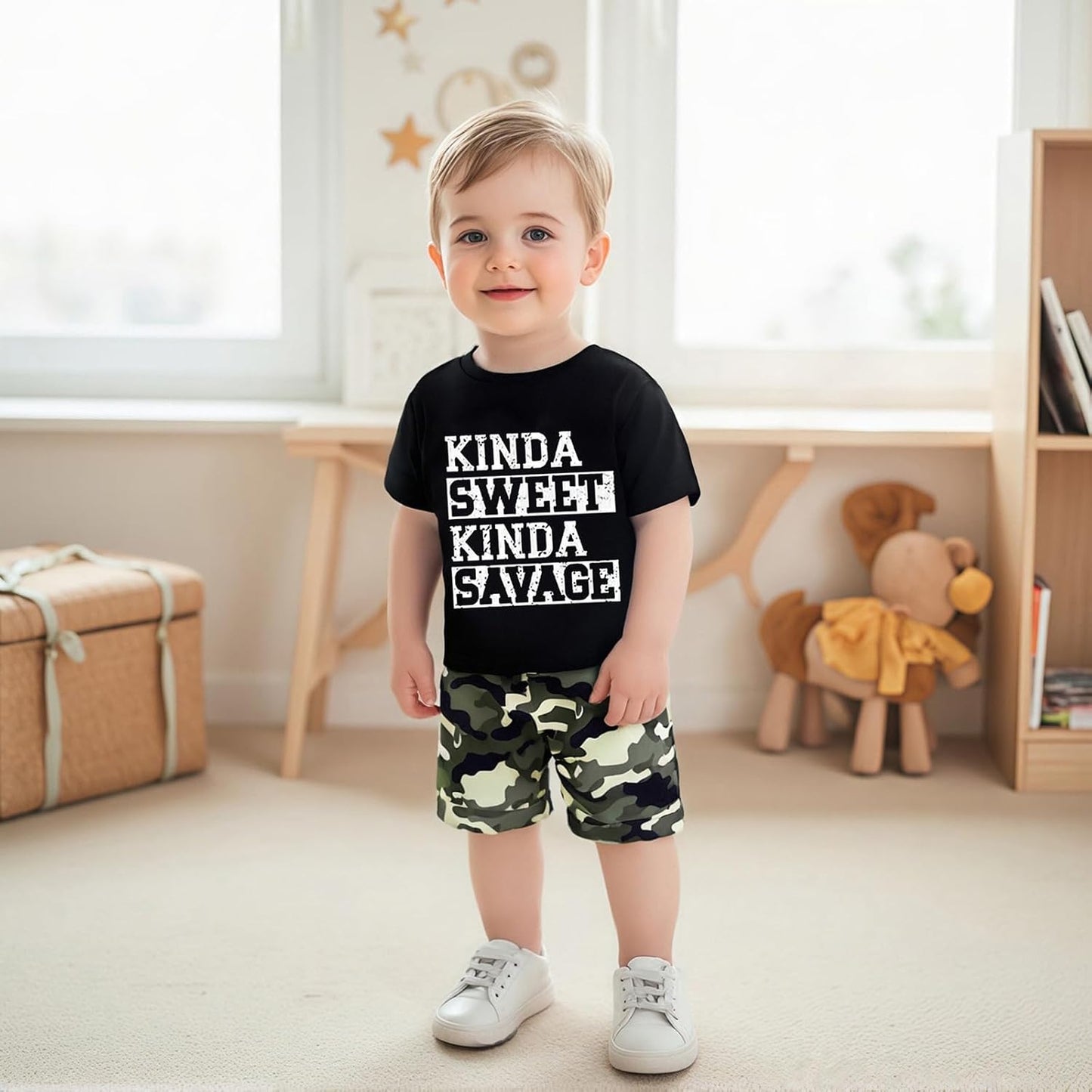 wdehow Toddler Kids Baby Boy Summer Clothes Sets 1T 2T 3T 4T 5T Letter Print Short Sleeve Tops Camouflage Shorts Outfits