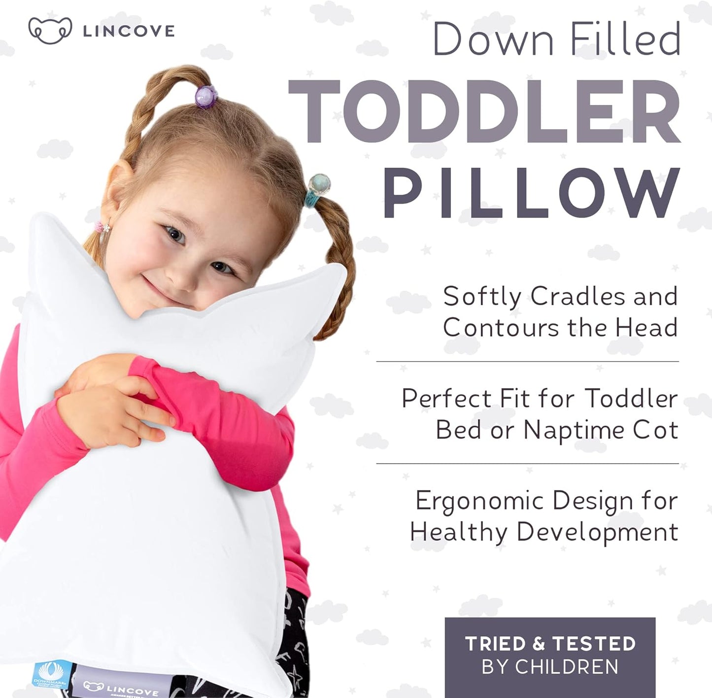Lincove Canadian Down Toddler Pillow for Sleeping - Perfect for Kids Travel Pillow, Nap Time, Toddler Cot, Crib, Bed - 800 Fill Power, 100% Cotton Shell, 400 Thread Count (13 x 18)