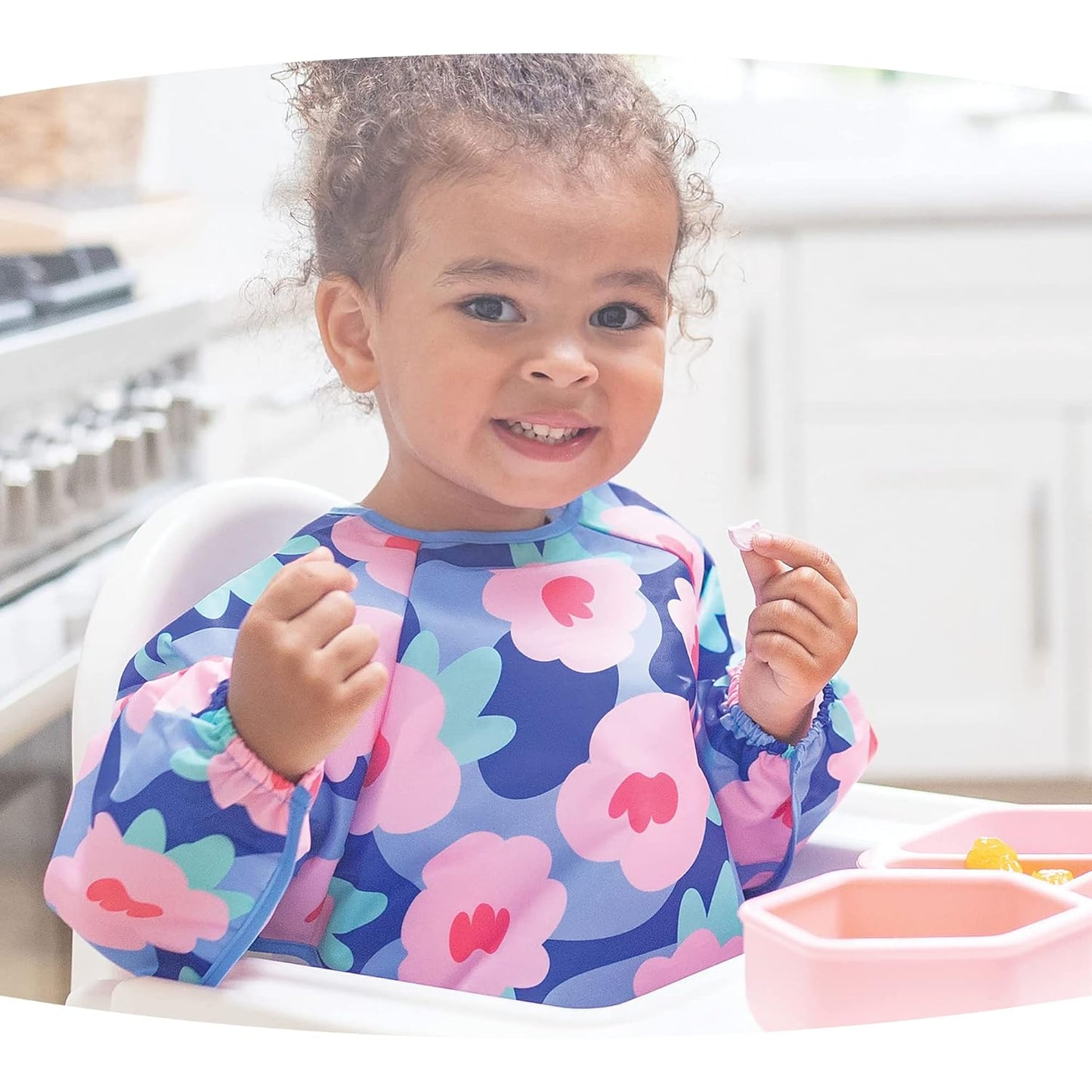 Tiny Twinkle Mess Proof Baby Bib,Waterproof Smock Baby Bib for Eating,Machine Washable Long Sleeve Bib,Baby Led Weaning,Toddler Bib,BLW Supplies(Floral Blue, Small 6-24 Months)