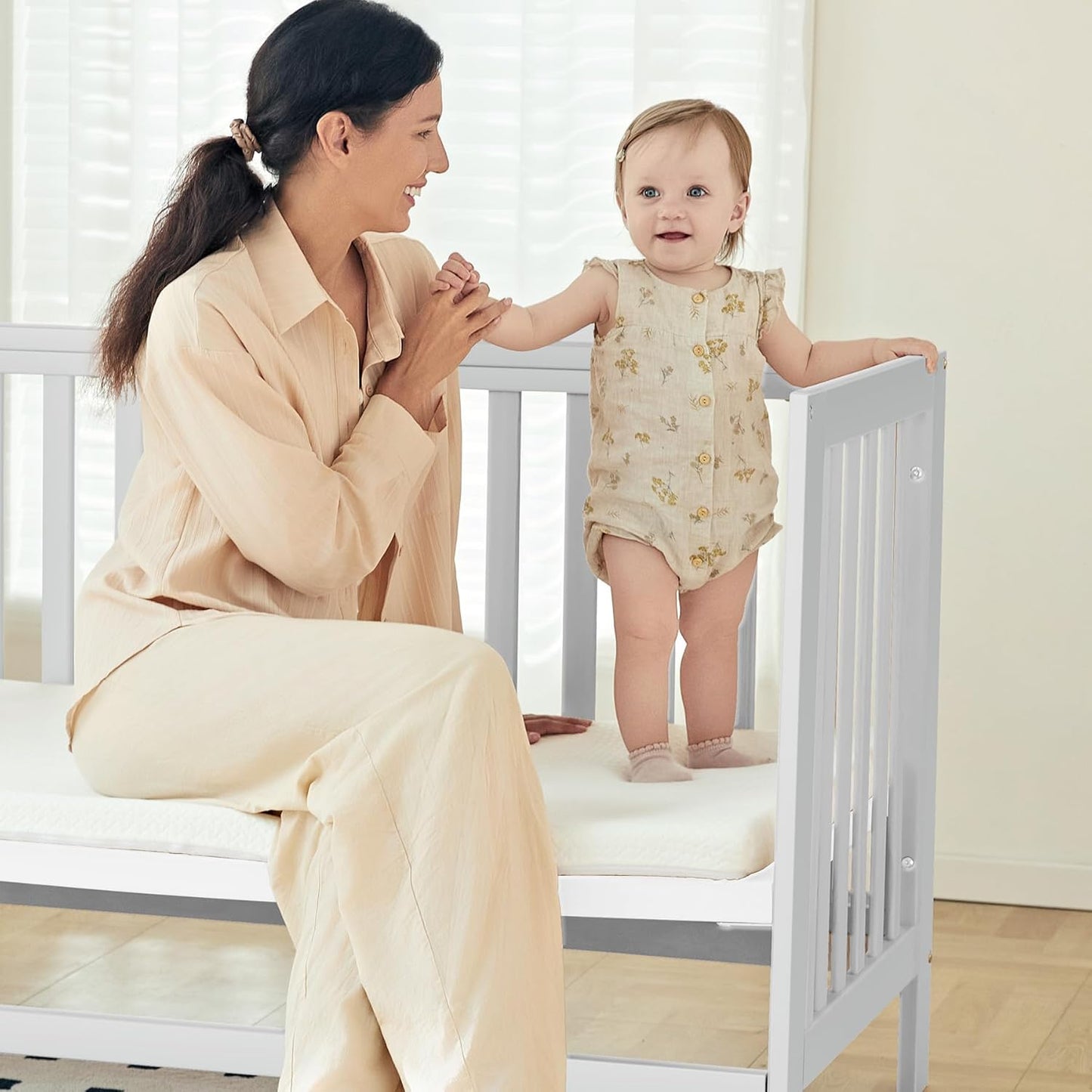 EvoNest Baby Crib, 11 in 1 Convertible Mini Crib with Wheels, 100% New Zealand Wood Growing Bed, 4 Adjustable Mattress Height,White