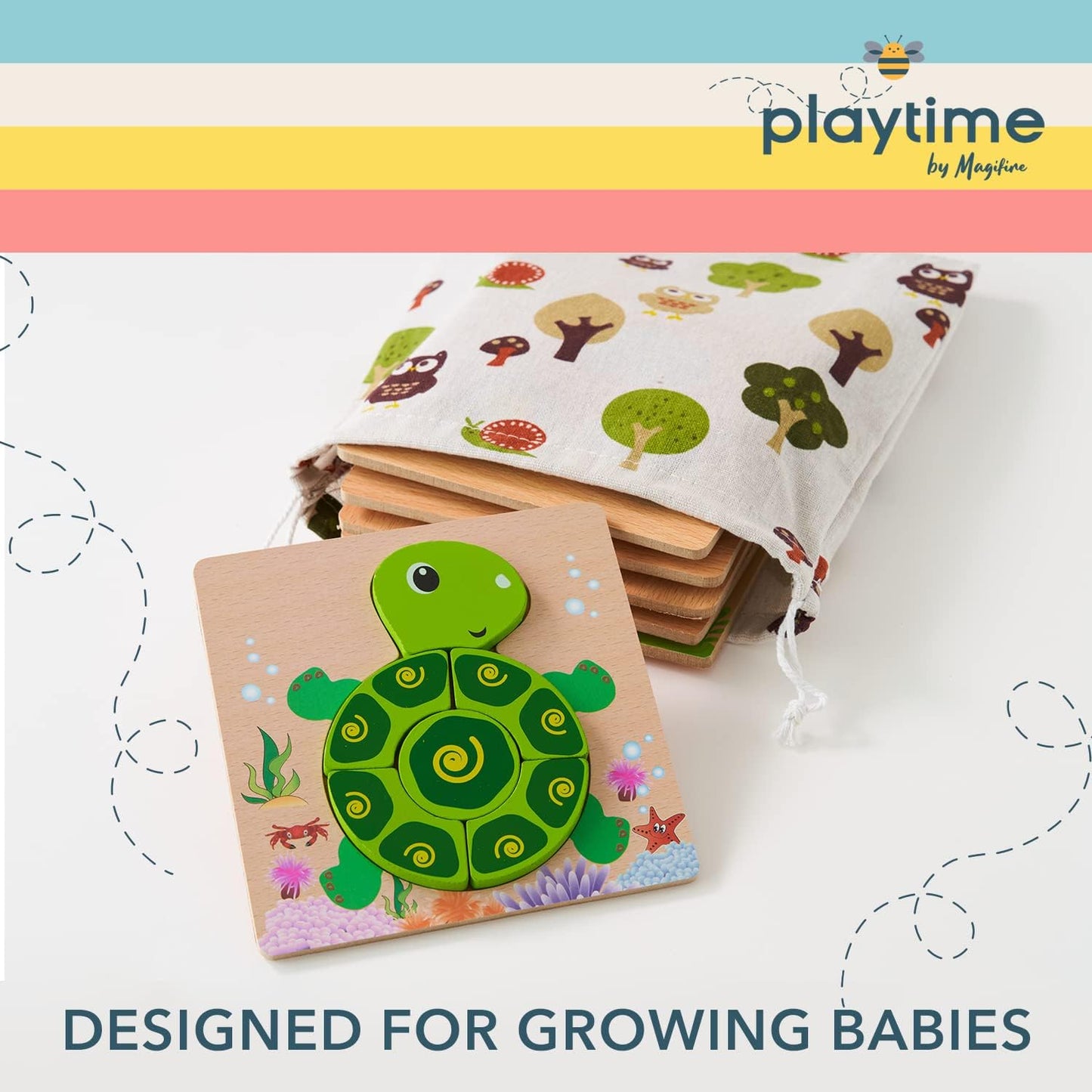 MAGIFIRE Wooden Puzzles 12-18 Months - Multicolor 6-Pack Animal & Vehicle Shapes with Storage Bag - Chunky Wood Puzzles for Fine Motor & Hand‐Eye Coordination - Ideal Toddler Gifts Age 1-2