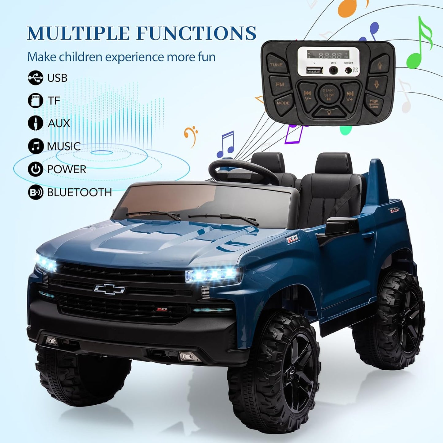 Hetoy 24V 2-Seater Truck Licensed Chevrolet Silverado Ride On Car Toy w/Parent Remote Control,4xSpring Suspension, 3 Speeds, Wireless Music, MP3 Player, Electric Vehicle Car for Kids, Blue