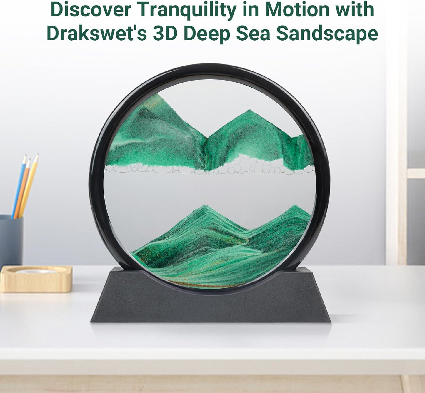 Drakswet Moving Sand Art Liquid Motion，Moving Sand Art Picture-3D Deep Sea Sandscape，Round Glass Frame Display Flowing Sand Relaxing Desktop Home Office Work Decor (Green)