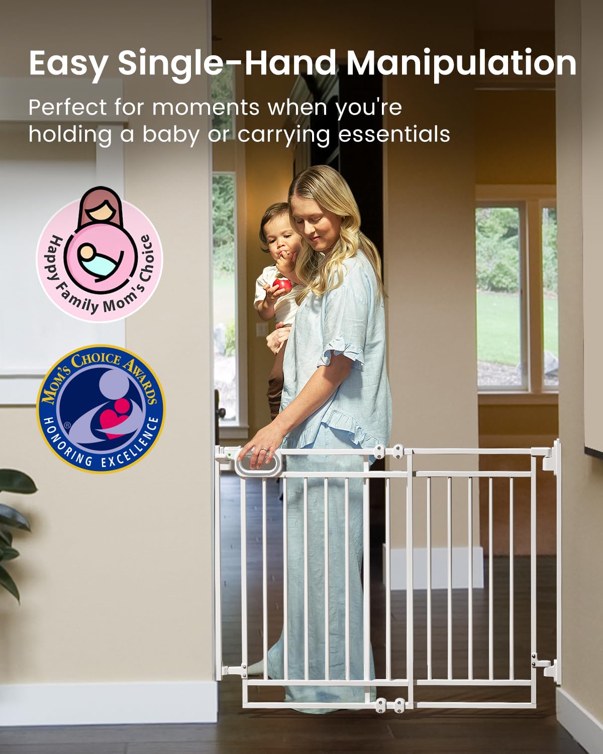 Grownsy Baby Gate for Stairs- No Bottom Bar, Adjustable Width 29.8” to 43.5” for Child and Pet, Dog Gate with Auto-Close & One-Hand Operation, Screw-in Installation for Doorways and Indoor Use