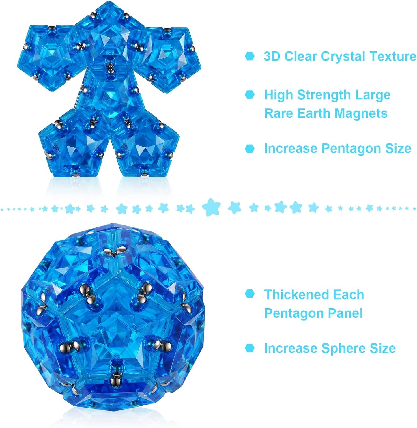 RoomyRoc Magnetic Fidget Sphere - Pentagons Magnets Balls - 12 Piece Set - Crystal Blue - Magnet Fidgets Toy - Creativity Beyond Imagination, Inspirational, Recreational, Desk Toys for Adults
