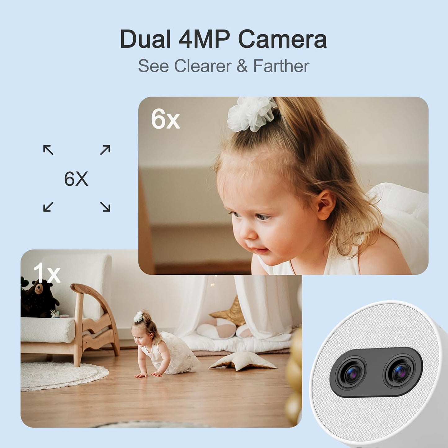 Simsky Split Screen Video Baby Monitor with 2 Cameras, 2× 4MP Resolution, 7" HD Touch Screen Smart Audio Baby Monitor, 6X Optical Quality Zoom, App Remote Access, 5200mAh Battery, 32GB Local Storage
