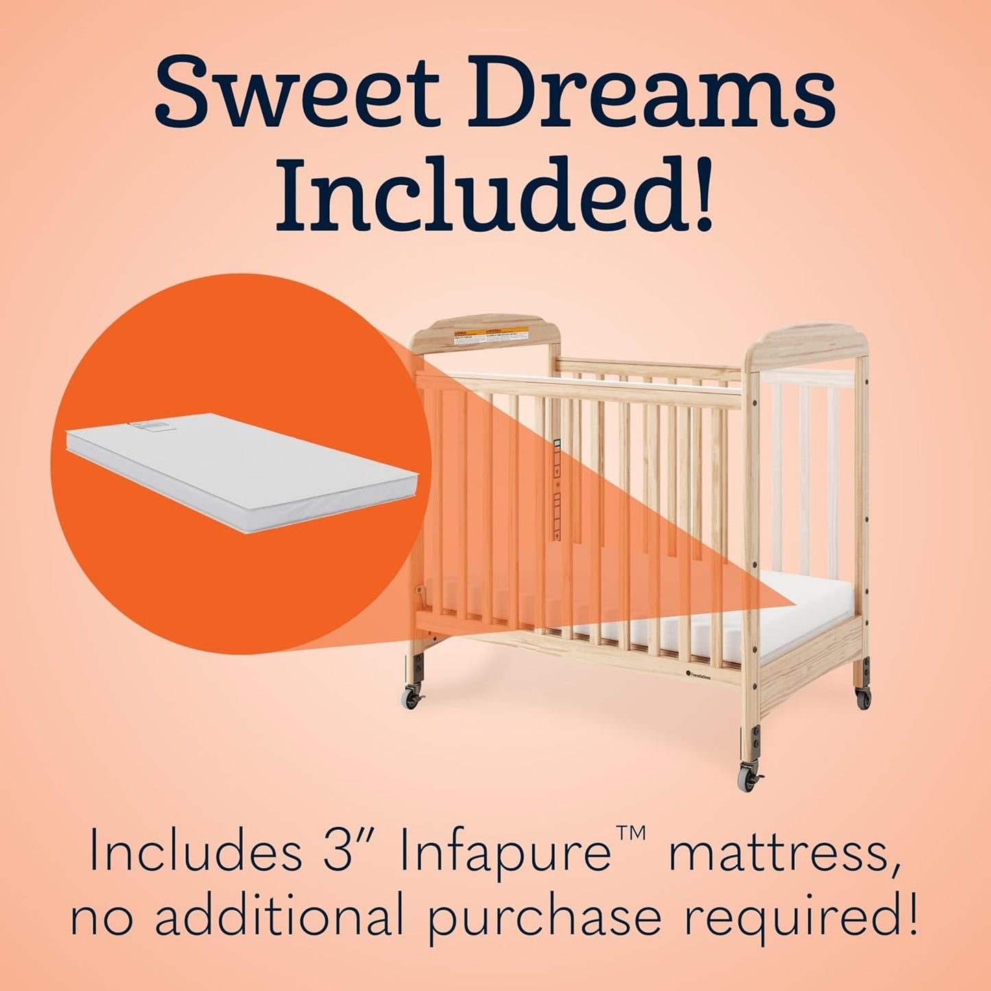 Foundations Serenity Compact Clearview Daycare Crib, Fixed Side, Durable Wood Construction, Non-Marking Casters (2 Locking), Clear End Panels, Includes 3” InfaPure Foam Mattress (White)