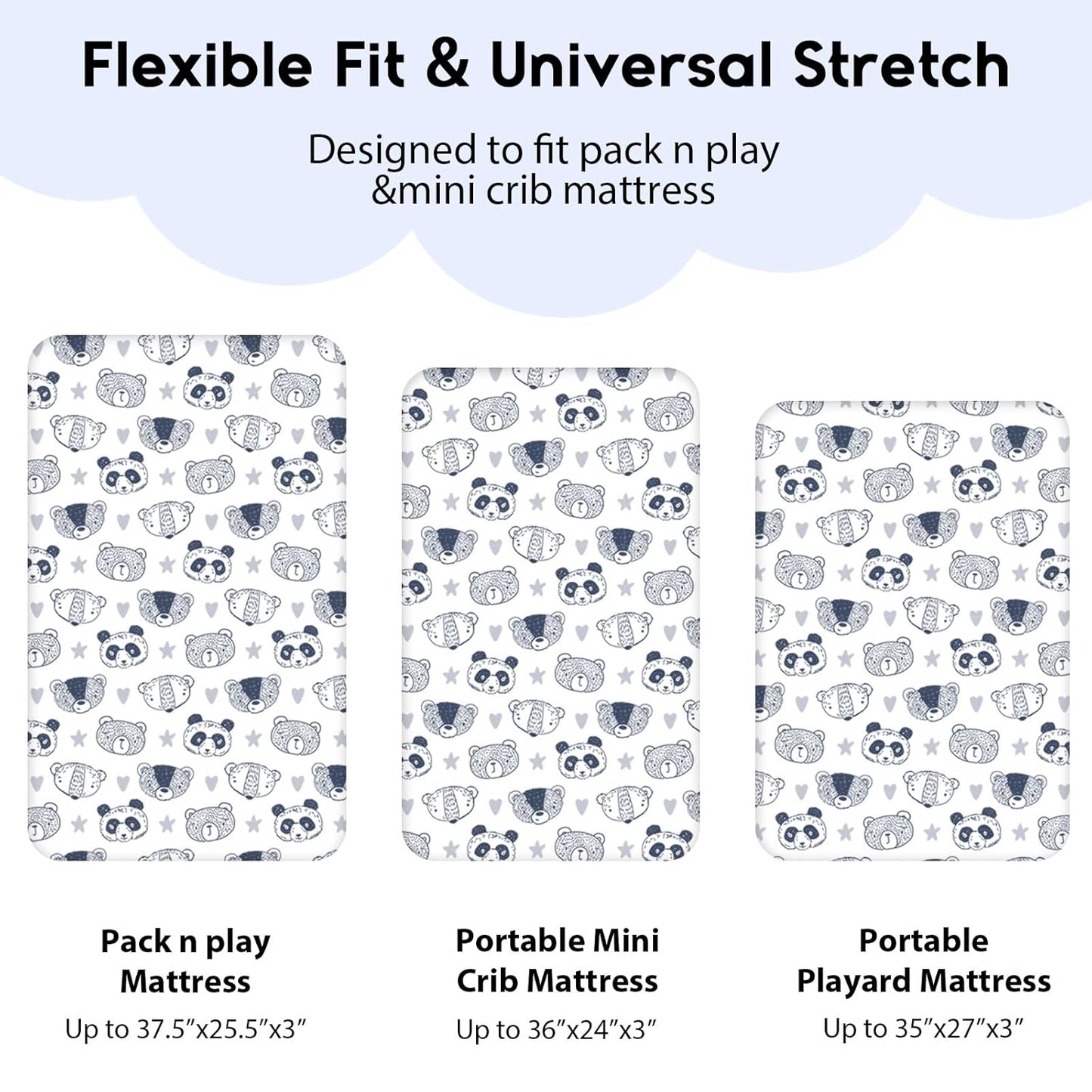 Yoofoss Pack and Play Sheets Fitted, Mini Crib Sheets 2-Pack for Pack N Play Mattress, Stretchy Playard Sheet, Soft and Breathable (Panda)