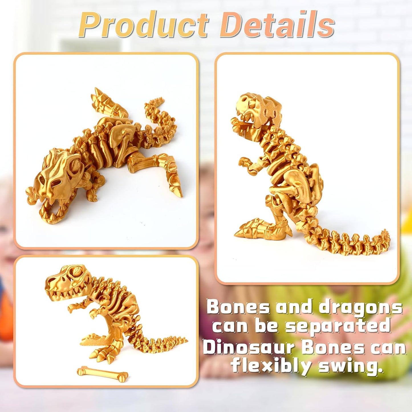 3D Printed Dinosaur Bone Skeleton Tyrannosaurus Rex with Movable Jaw Fidget Dinosaur Toys Full Articulated Dinosaur Executive Desk Toys Home Office Decor, Yellow