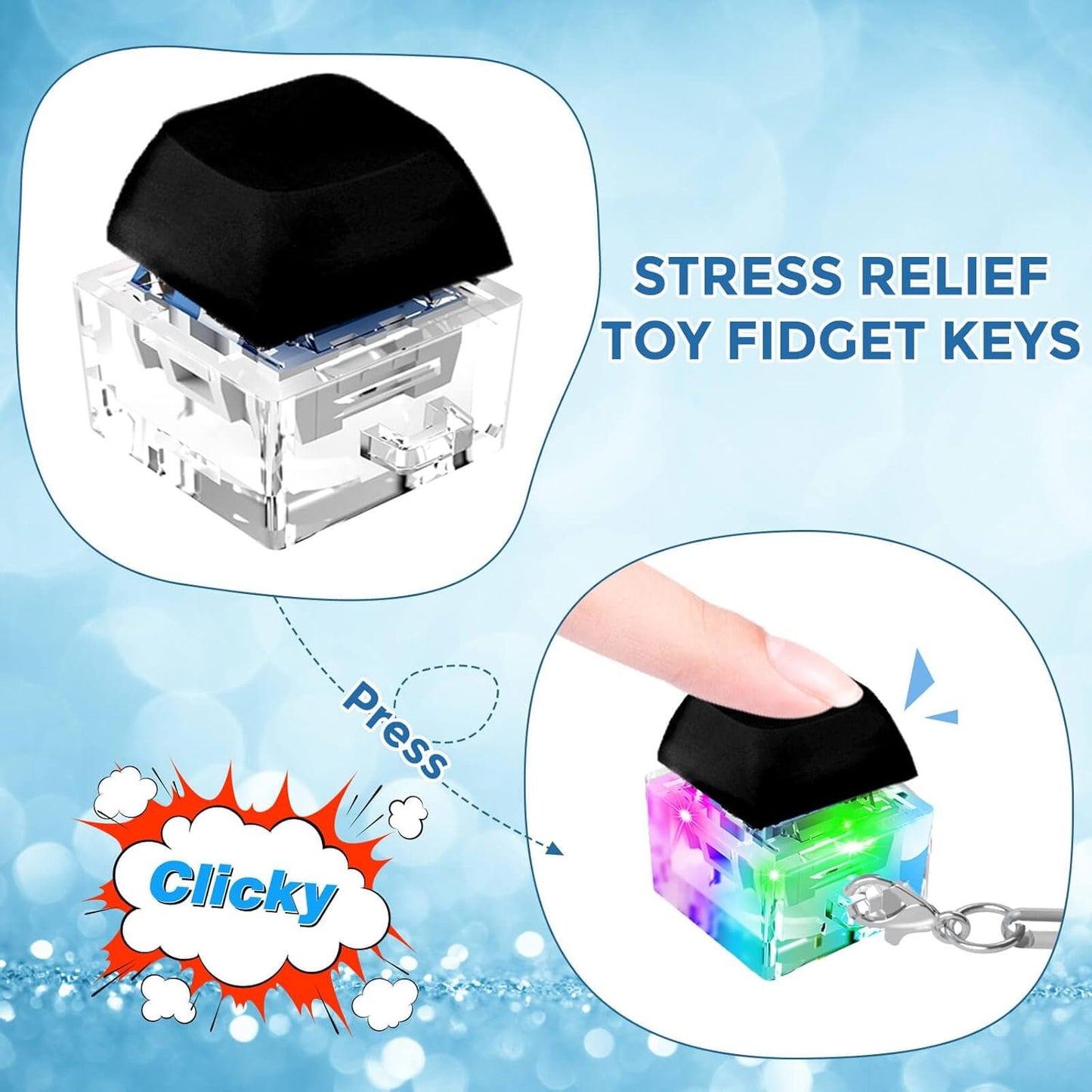 Keyboard Fidget Toys, Keyboard Fidget Keychain Keyboard Decompression Toys Keyboard Fidget Toy Button Stress Relief Gifts for Adult and Kids,Finger Clicker Toys,ADHD Toy,Cool Fidgets(LED Light-Black)