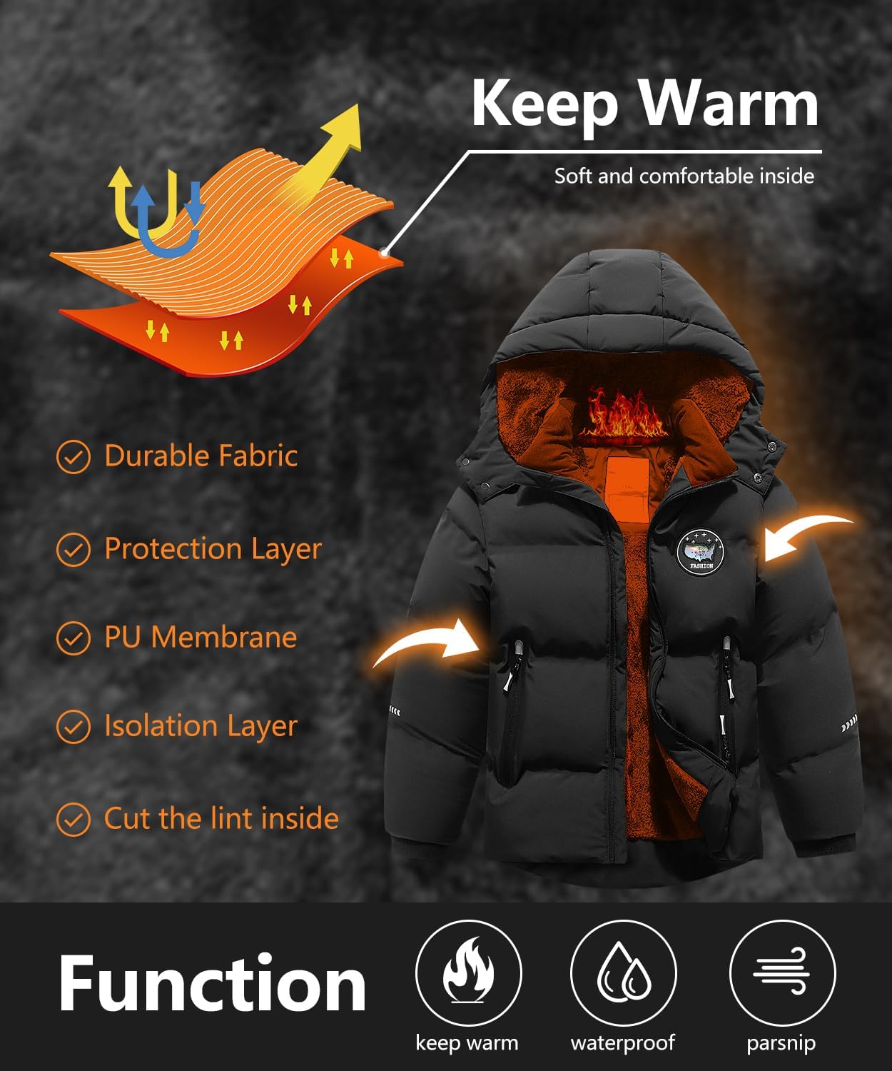 Kids Boy's Winter Coat Fleece Lined Waterproof Jacket Puffy Cotton Coat Thick Hooded Down Outdoor Coats