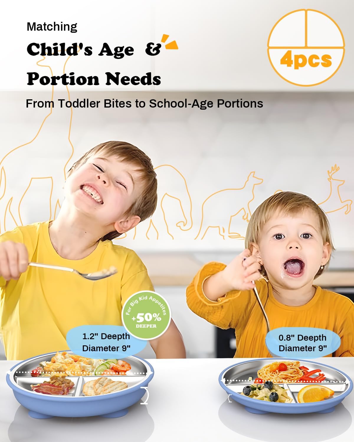 Stainless Steel Toddler Suction Plate with Lid, Deepened 9" Divided Plates with Removable Silicone Sleeves for Kids, Non Toxic Unbreakable Snack Dishes Set of 4, Sage Blue Gray Blush