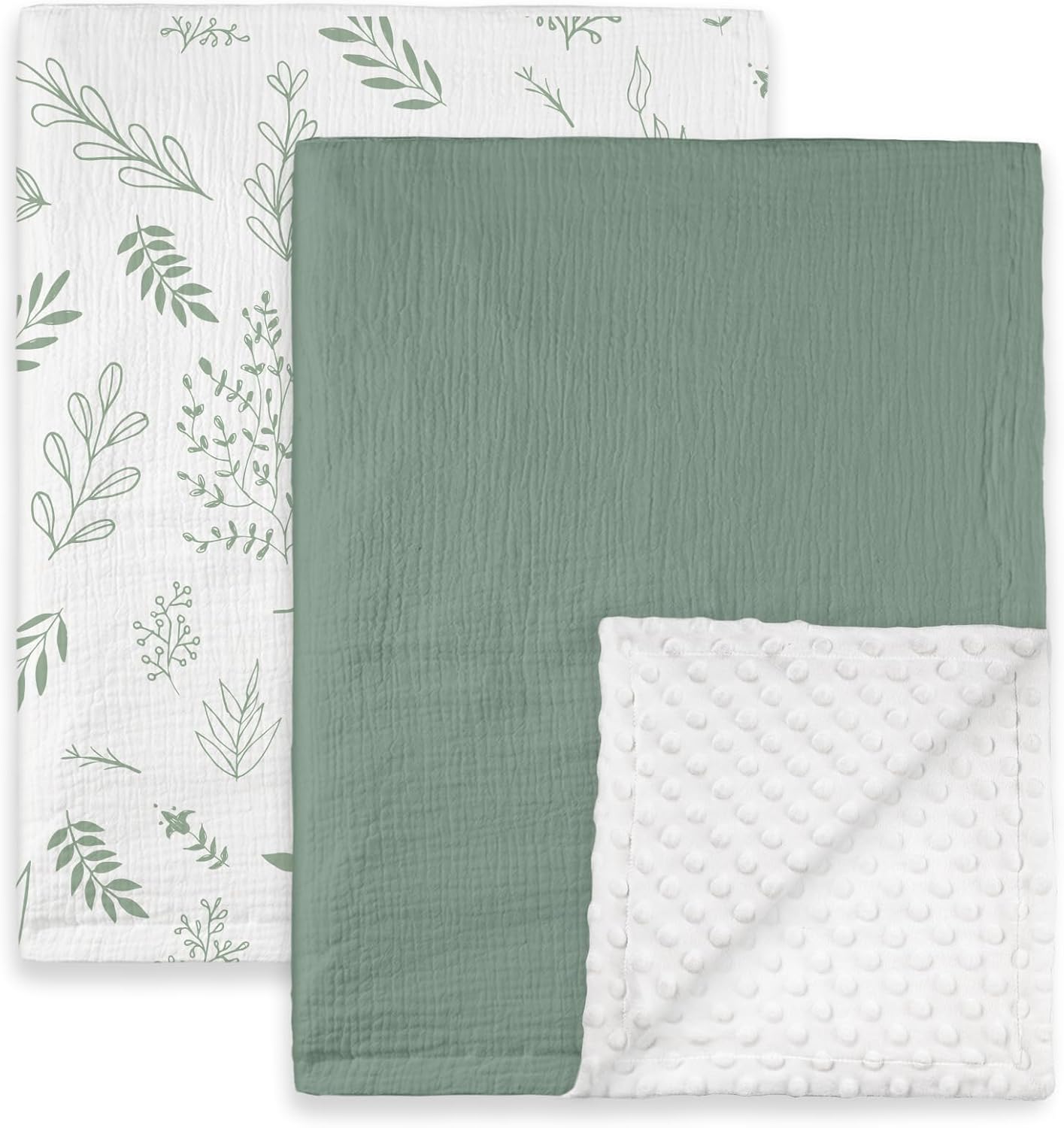 GLLQUEN BABY Blankets for Unisex Boys Girls, 2-Pack Muslin Cotton Front Soft and Breathable, and Dotted Fleece Backing, Printed Bed Nursery Minky Blankets for Toddler Newborn, Greenery,30 x 40 inches