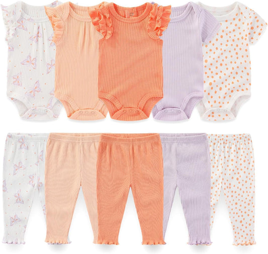 Baby Boy Girl 10 Piece Combined Type Clothing Set Cotton Baby Bodysuits and Pants Set Home Outdoor Infant Clothes