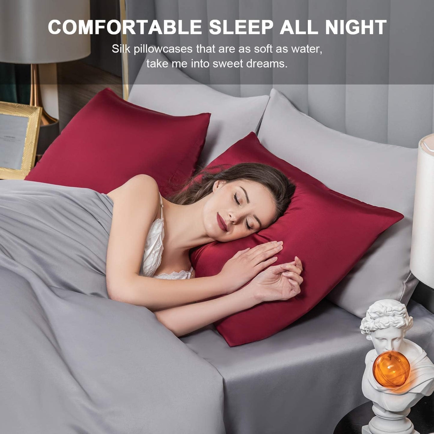 Mulberry Silk Pillowcase for Hair and Skin,Cooling Silk Pillow Case with Hidden Zipper,Allergen Proof Dual Sides Soft Breathable Smooth Silk Pillow Cover for Women (Dark Red, Body)