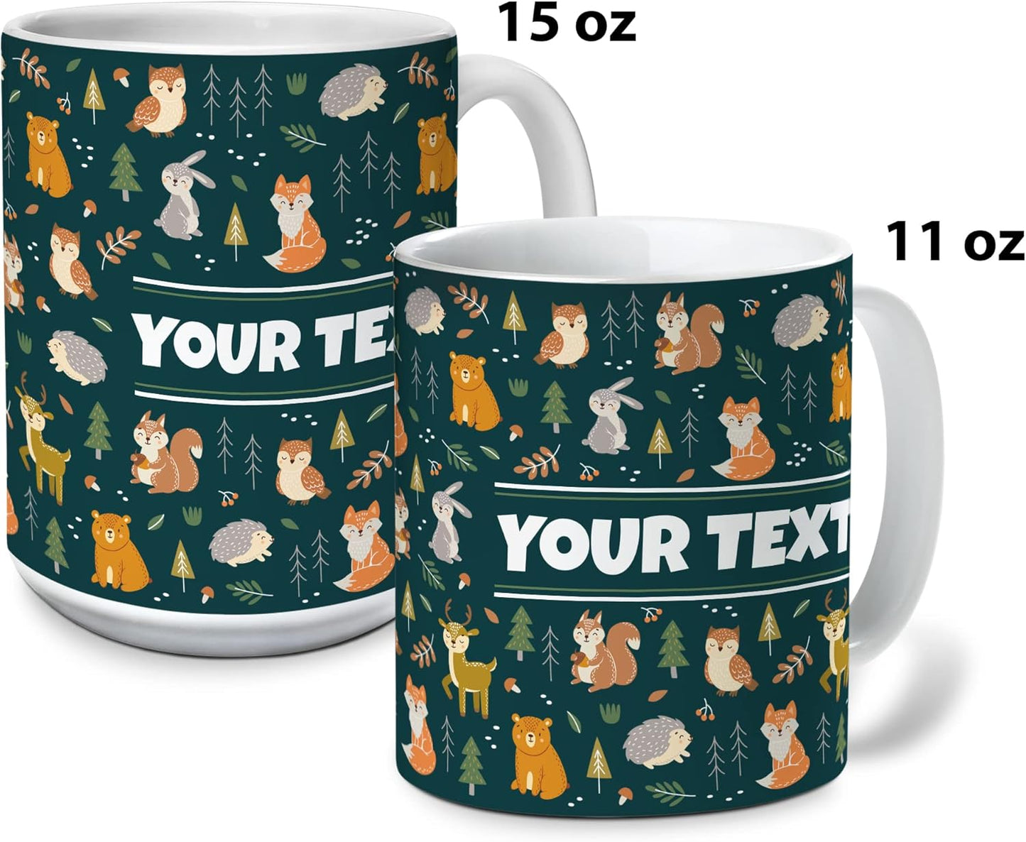 Personalized Mug for Kids - Woodland Animals - Custom Name/Text, Ceramic Hot Chocolate/Cocoa/Coffee Cup for Boys/Girls, Birthday/Christmas/Holiday Gift - 11 oz, White Handle