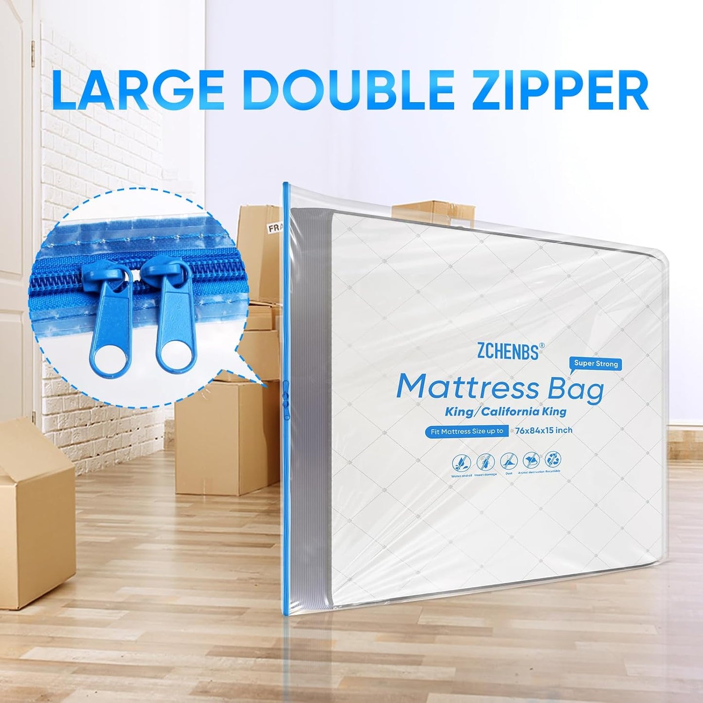 ZCHENBS® – Mattress Bags for Moving and Storage,Mattress Bag with Zippers,5 Mil Ultra-Thick Bed Bag,Waterproof,Anti-Tear,Heavy-Duty Mattress bag (Transaparent/Blue, King/California King-(2 Pack）)