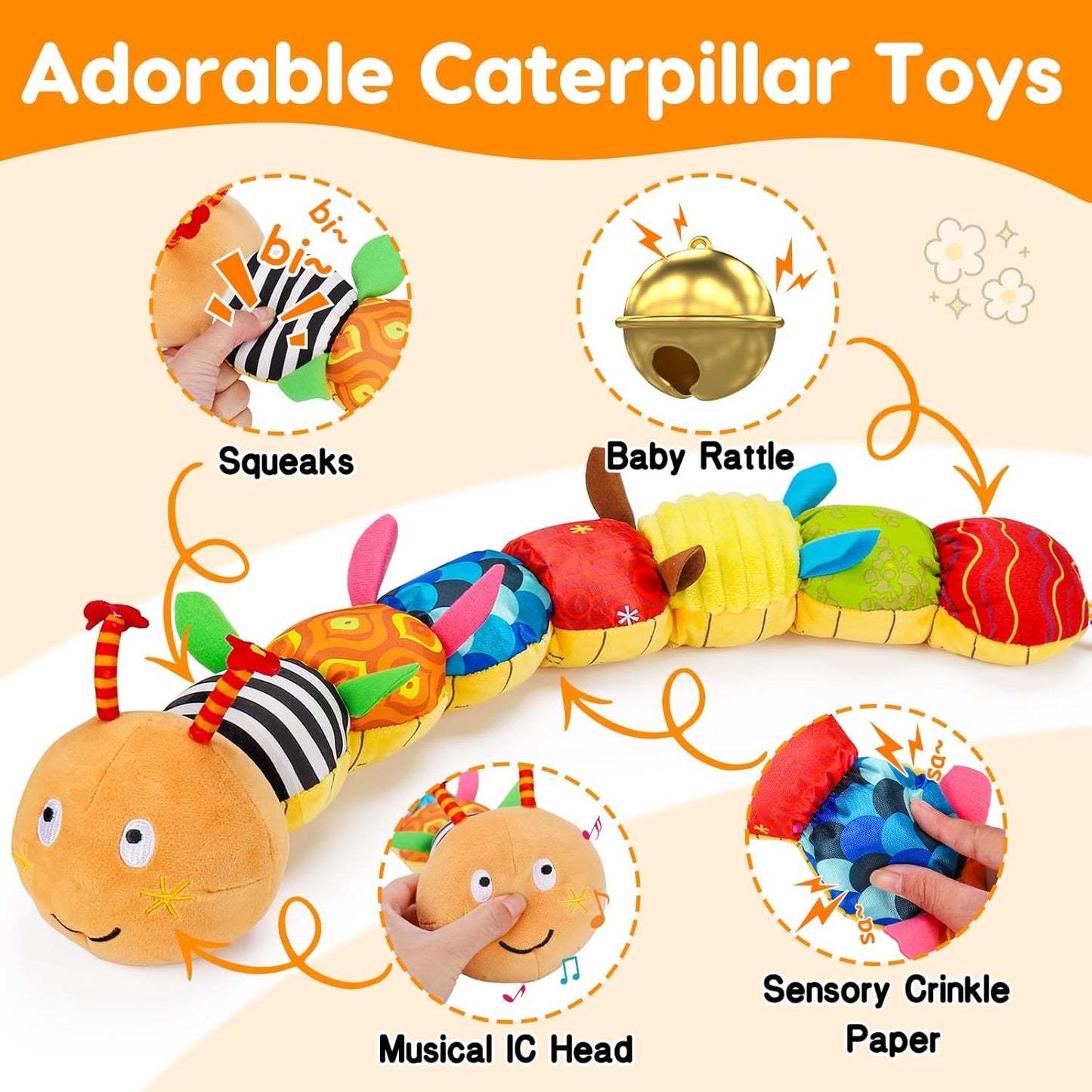 Baby Sensory Caterpillar Toys 0-3 Month Music Animal Stuffed Plush Toy for Infant 0-3-6-12 Month Tummy Time with Crinkle Rattle for Newborn 9-12 Month Texture Toy for Boy Girl Birthday Shower 1