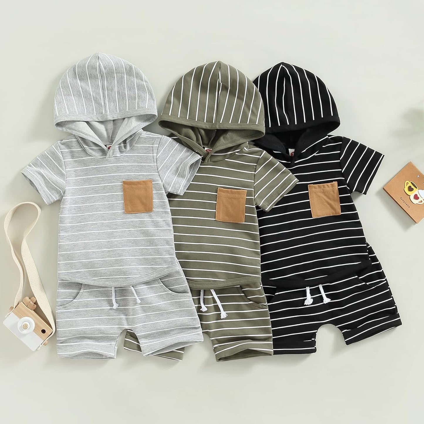 Toddler Baby Boy Summer Hooded Outfit Contrast Color Short Sleeve T Shirt Top Elastic Shorts Summer Clothes Set
