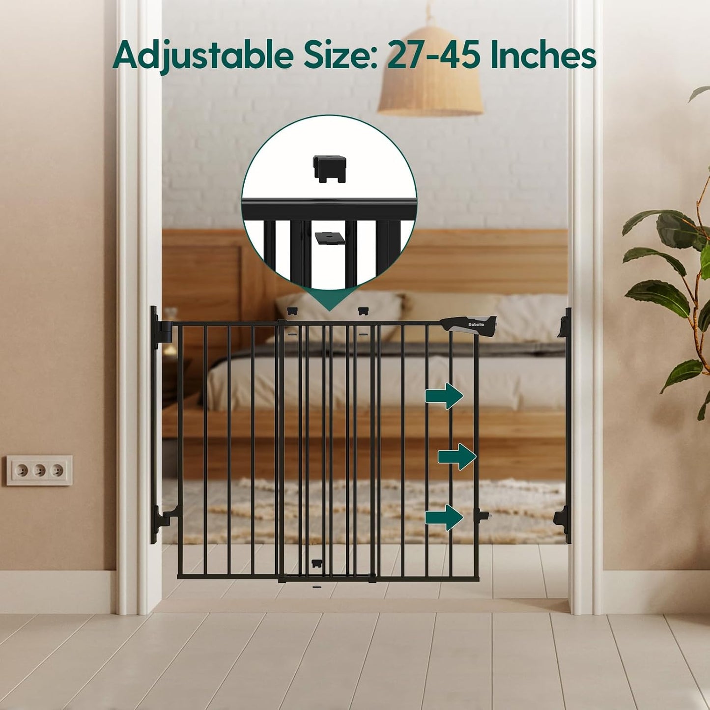 Babelio 27-45" No Bottom Bar Baby Gate with Easy Installation, 2-in-1 Auto Close Design, Suitable for The House, Stairs, and Doorways, Safety Pet Gates with Large Walk-Thru Door, Black