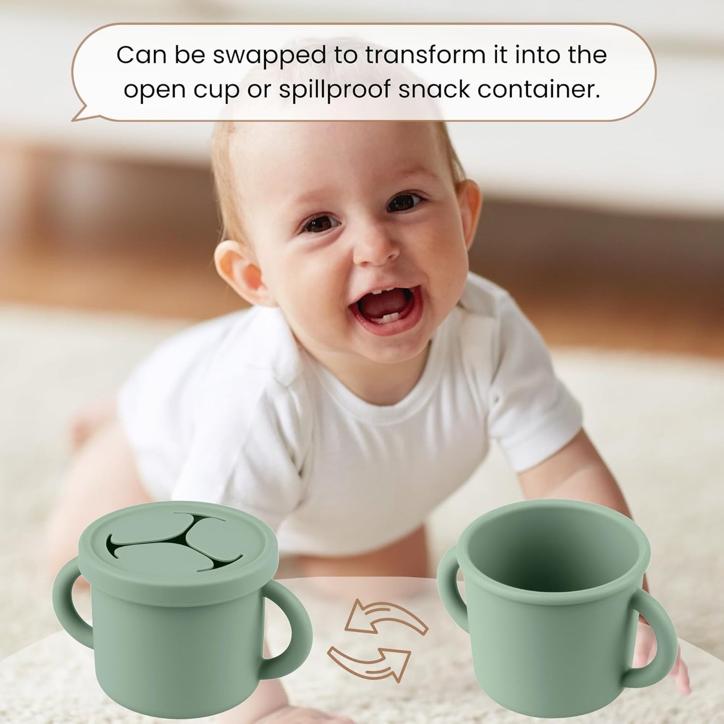 Snack Containers for Toddlers, Kids - 2 Pack Food Grade Silicone Snack Cups with Grip Handle (Natural/Sage)