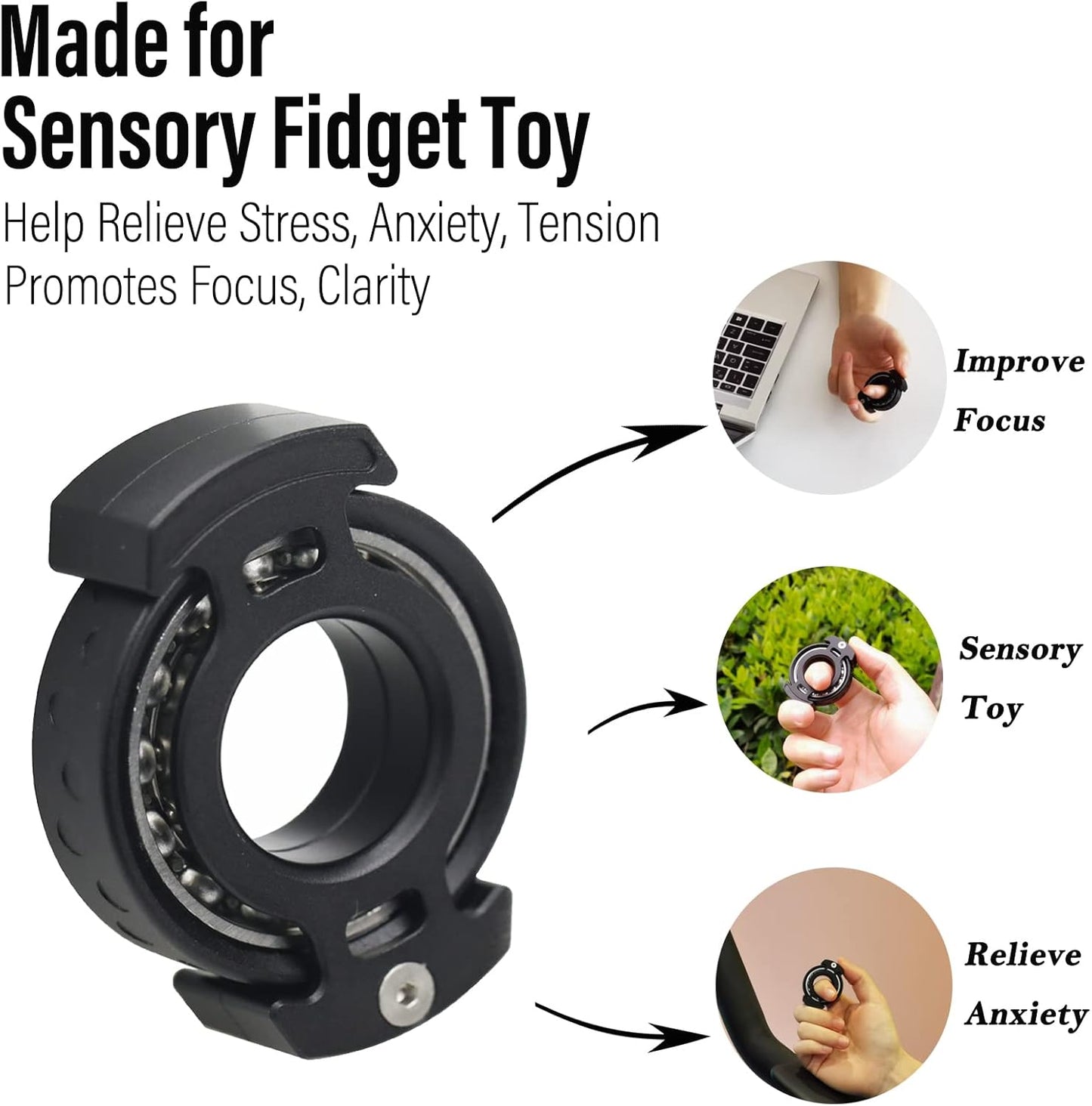 FREELOVE Ring Fidget Spinner for Adults, Men Finger Haptic Roller, Small Metal Clicker Toys, Ball Bearing, Black Fingears Spinning EDC for Anxiety Stress