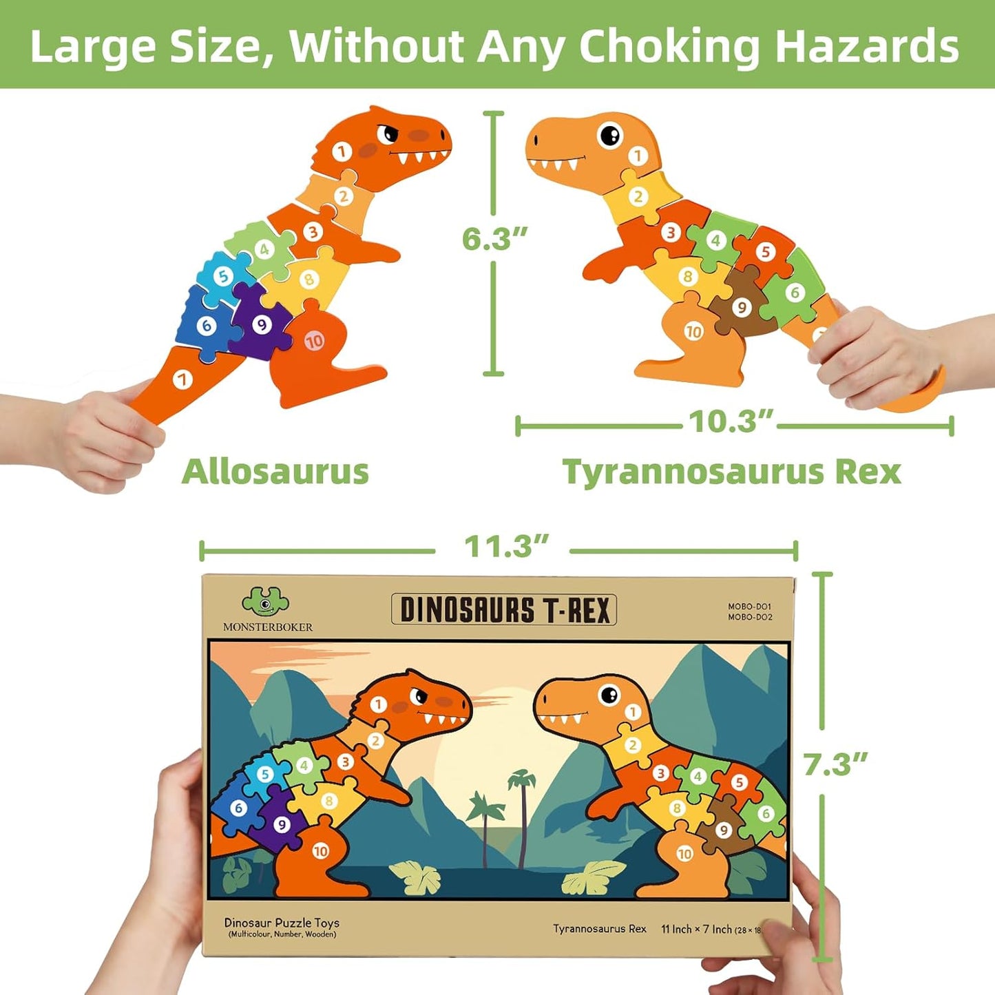 Wooden Dinosaur Puzzles Set for Kids/Toddlers Ages 1-8, T-Rex & Allosaurus with Colorful Box, Educational Dino Toys Little Boys/Girls 2 3 4 5 6 Year Old, Numbers/Chunky, Large 11"x7" Size