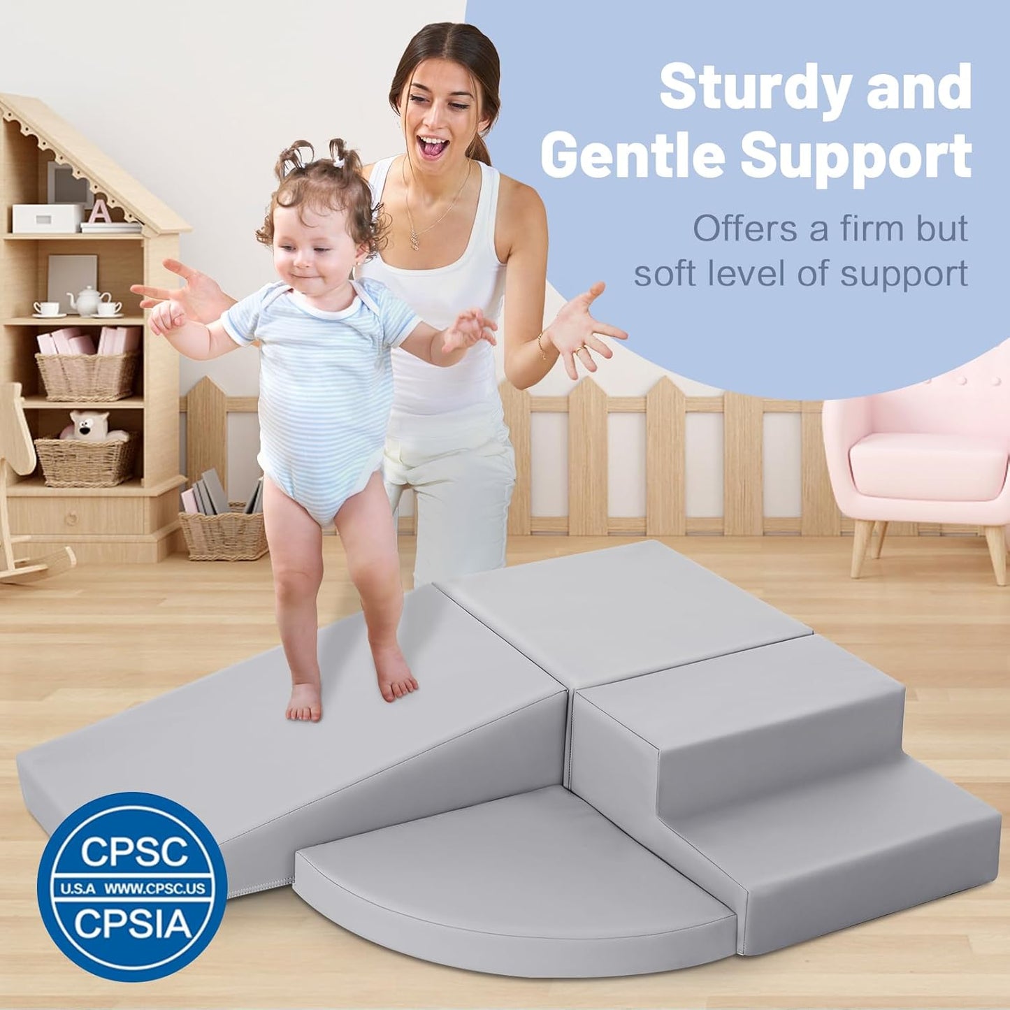 4-Piece PU Leather Baby Foam Climbing Blocks for Toddlers - Soft Play Climbing Toys for Toddlers - Foam Climbing Set for Crawling and Sliding Indoor (Gray)