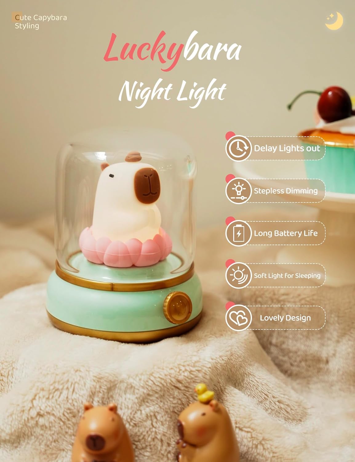 Lucky Capybara Night Light, Cute Lamp and Cozy Lighting,Rotate to Adjust Brightness,Rechargeable Night Light for Kids,Capybara Gift,Cute Stuff Gifts for Children,Lucky Capybara Bring Good Luck